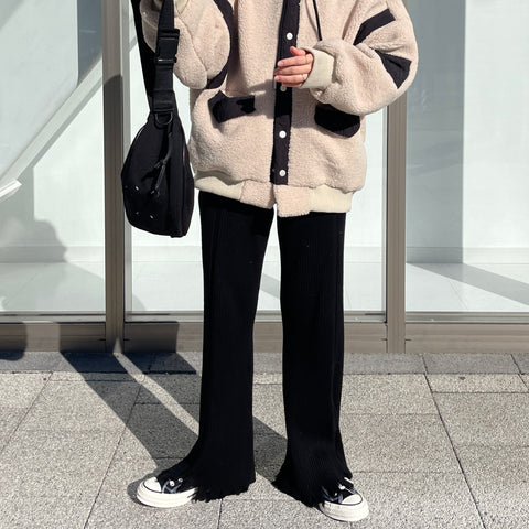 fringe knit flare pants / black