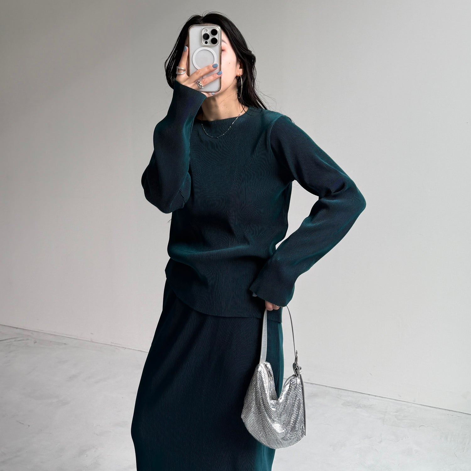 daily daily super stretch pleats tops / dark green [プチハイ or クルーネック]