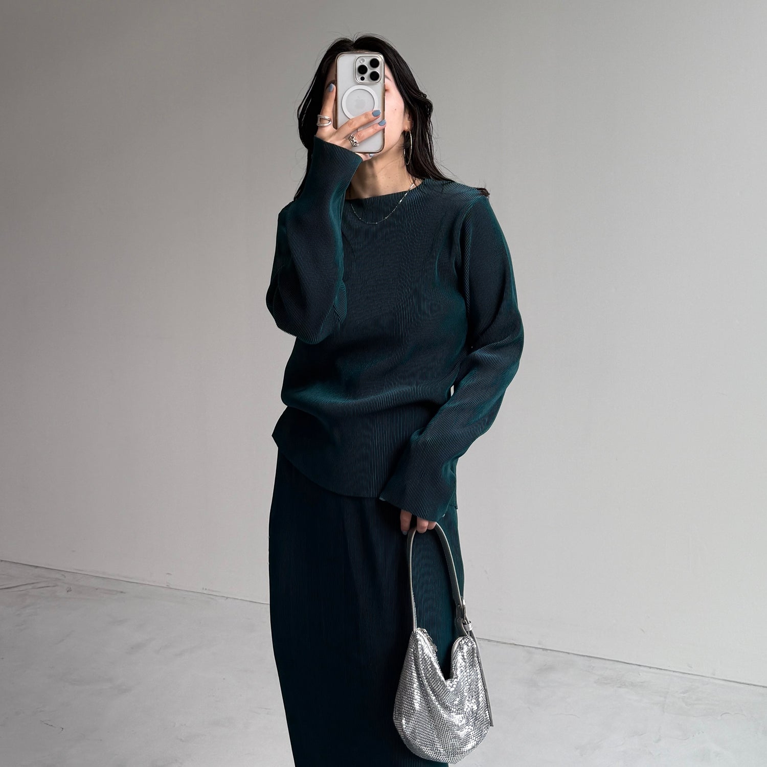 daily daily super stretch pleats tops / dark green [プチハイ or クルーネック]