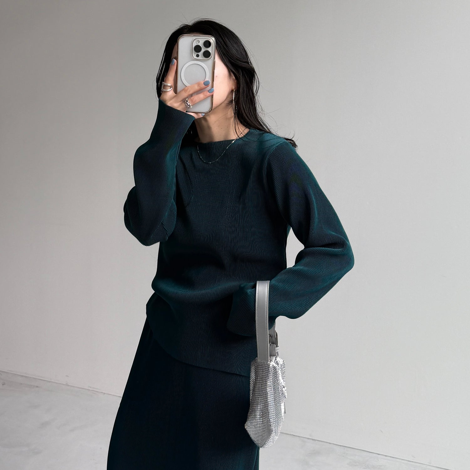 daily daily super stretch pleats tops / dark green [プチハイ or クルーネック]