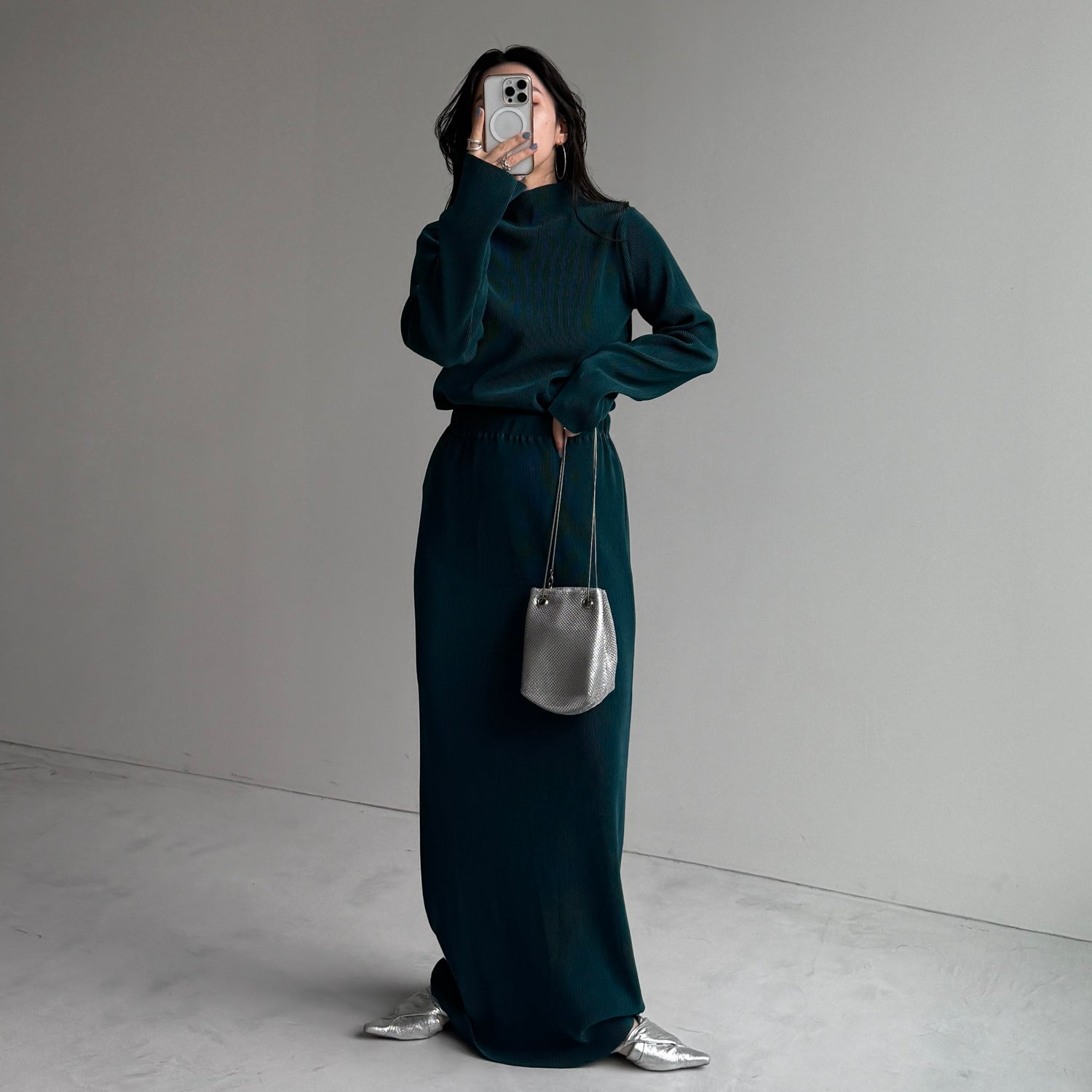 daily daily super stretch pleats tops / dark green [プチハイ or クルーネック]