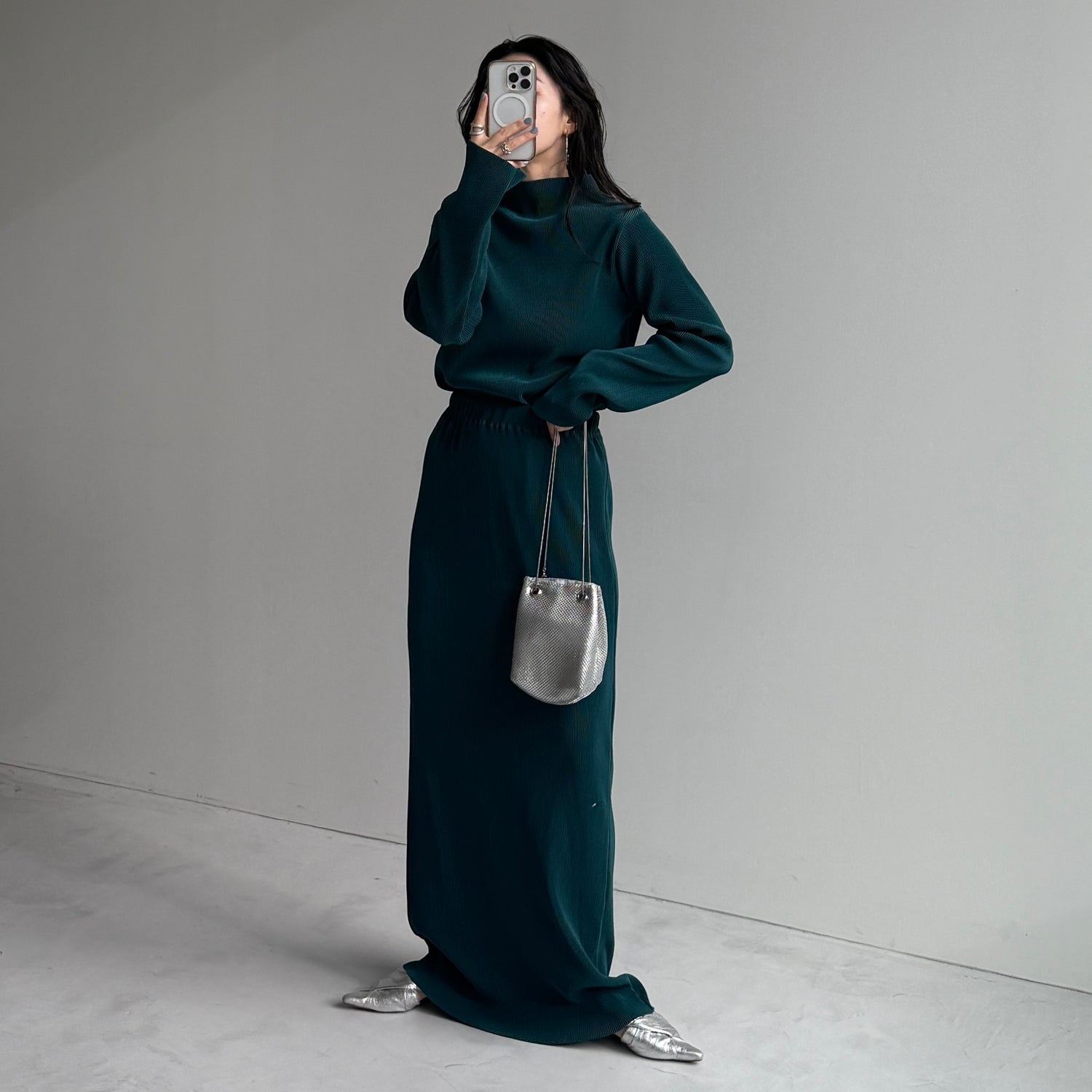 daily daily super stretch pleats tops / dark green [プチハイ or クルーネック]