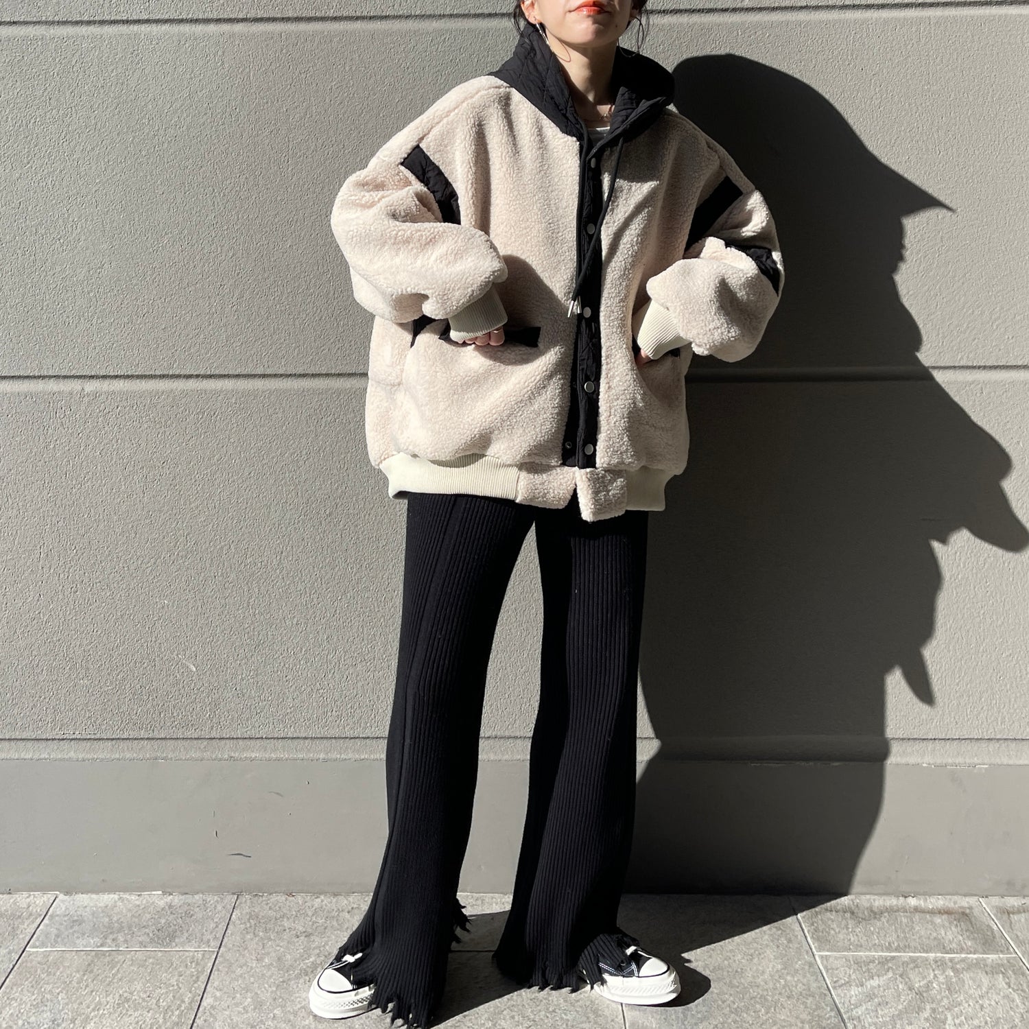 fringe knit flare pants / black