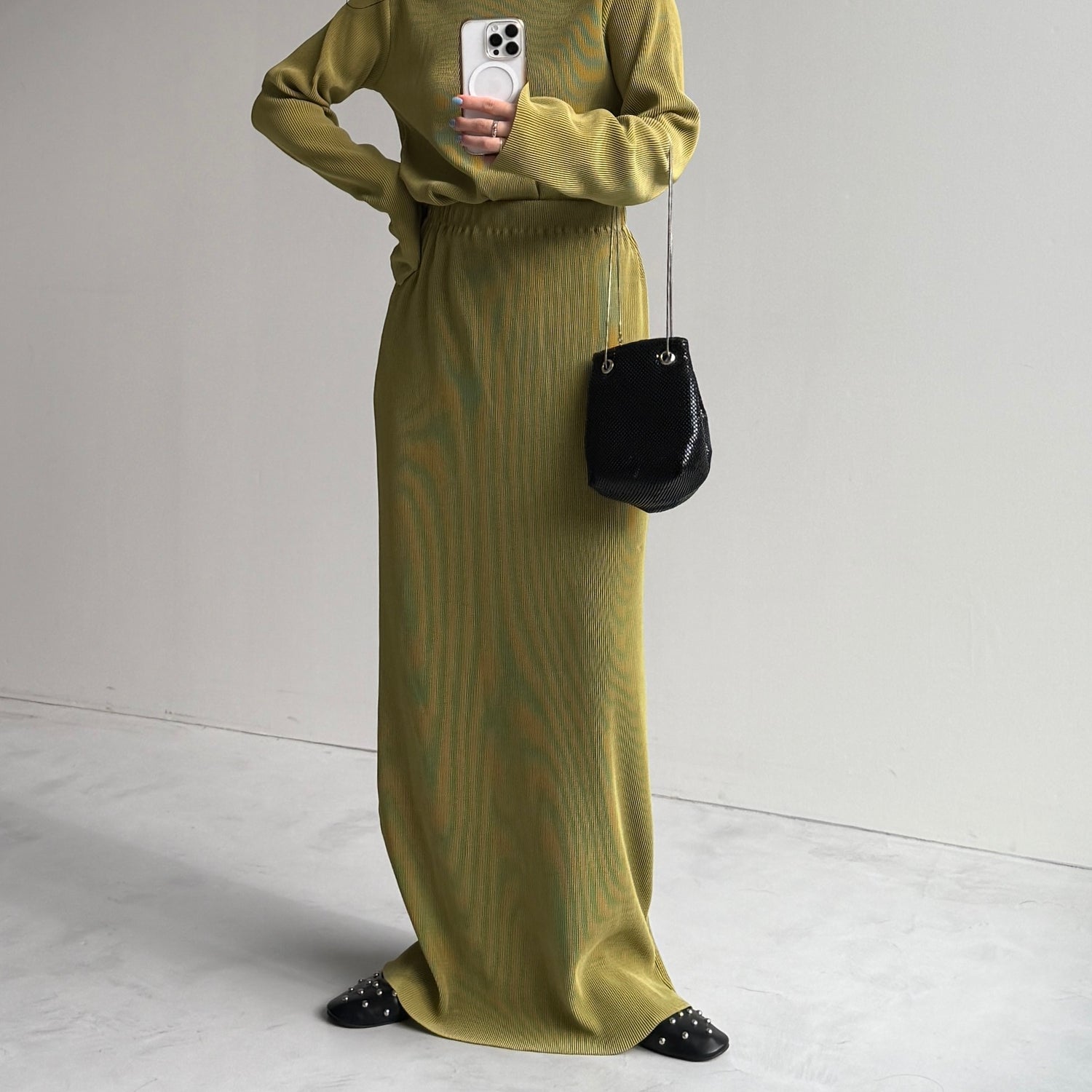 daily daily super stretch pleats tops / lime [プチハイ or クルーネック]