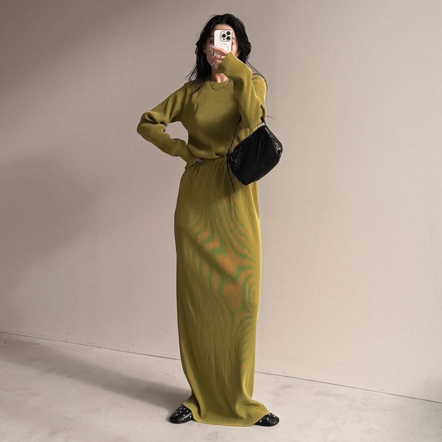 daily daily super stretch pleats skirt / lime [FREE or LONG]