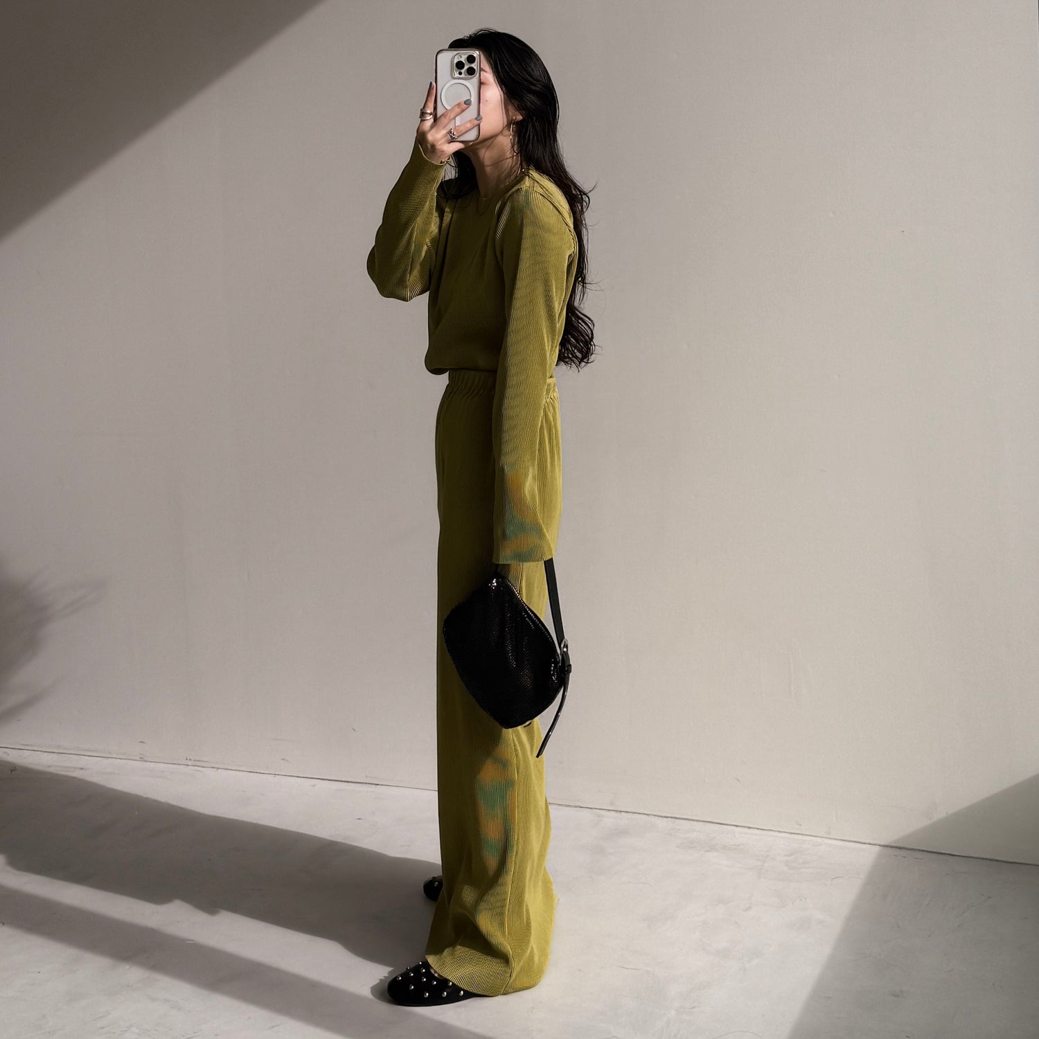 daily daily super stretch pleats tops / lime [プチハイ or クルーネック]