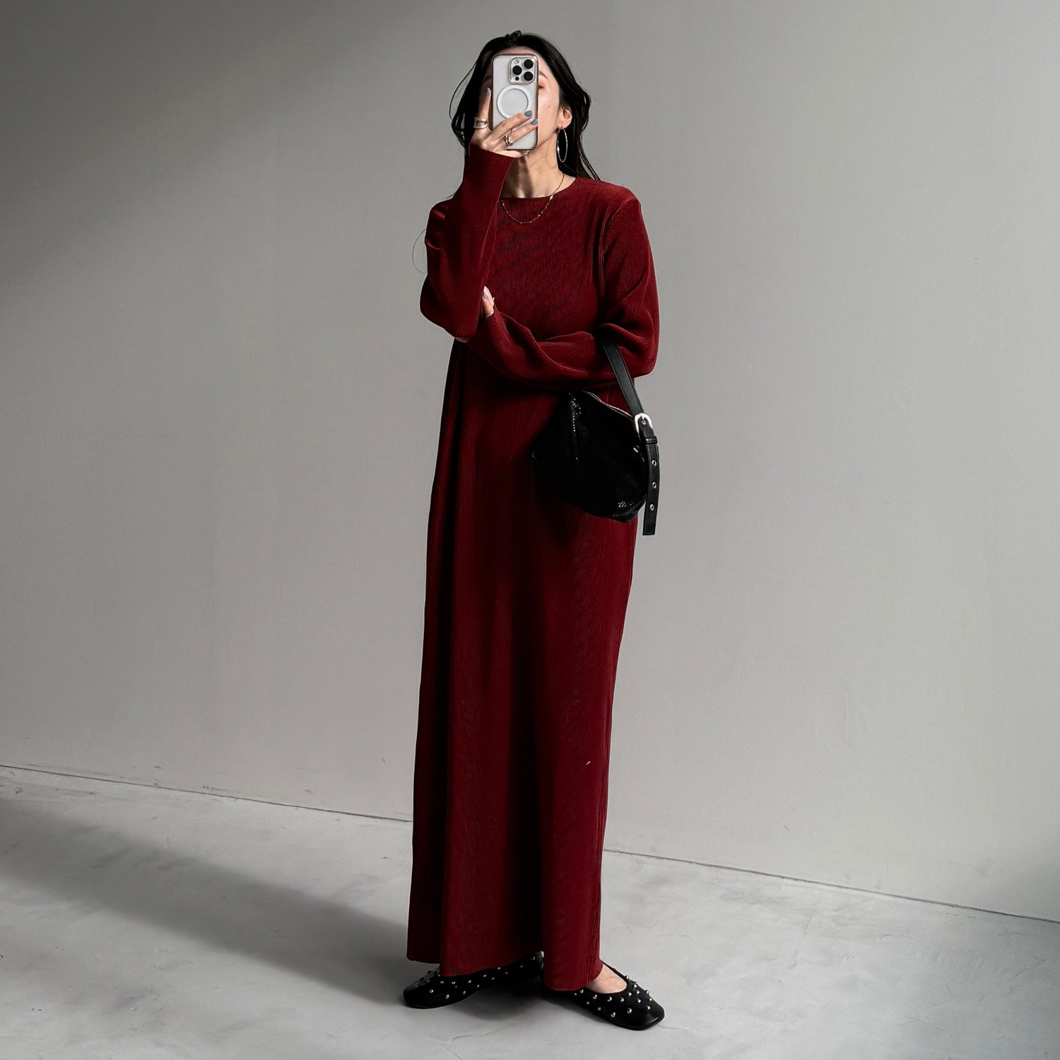 daily daily super stretch crew neck pleats one piece / bordeaux [FREE or LONG]クルーネック