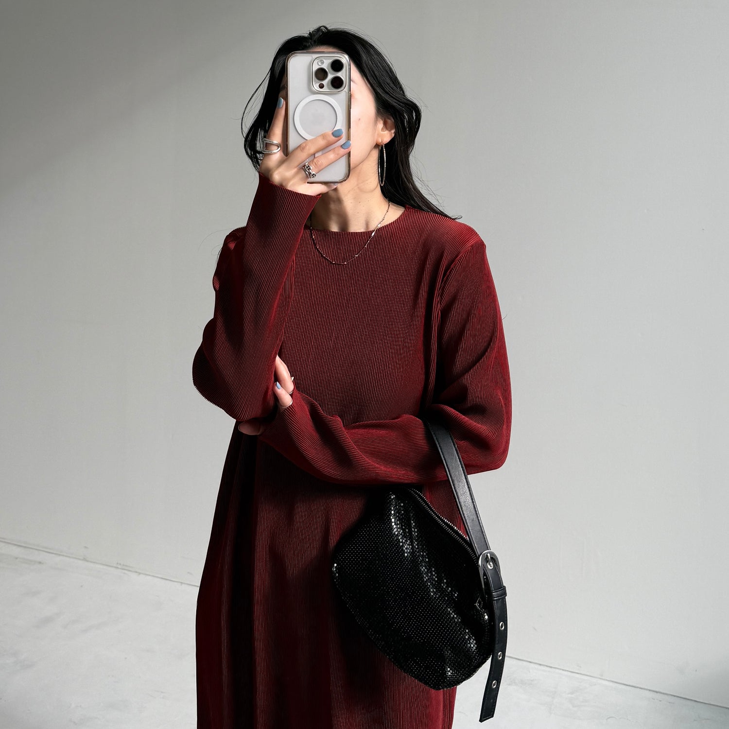 daily daily super stretch crew neck pleats one piece / bordeaux [FREE or LONG]クルーネック