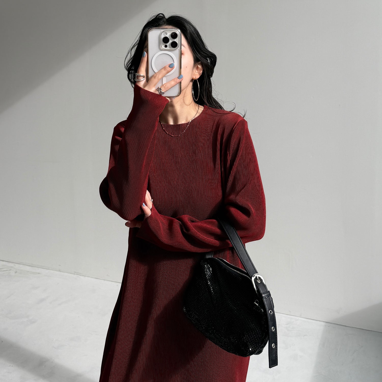 daily daily super stretch crew neck pleats one piece / bordeaux [FREE or LONG]クルーネック