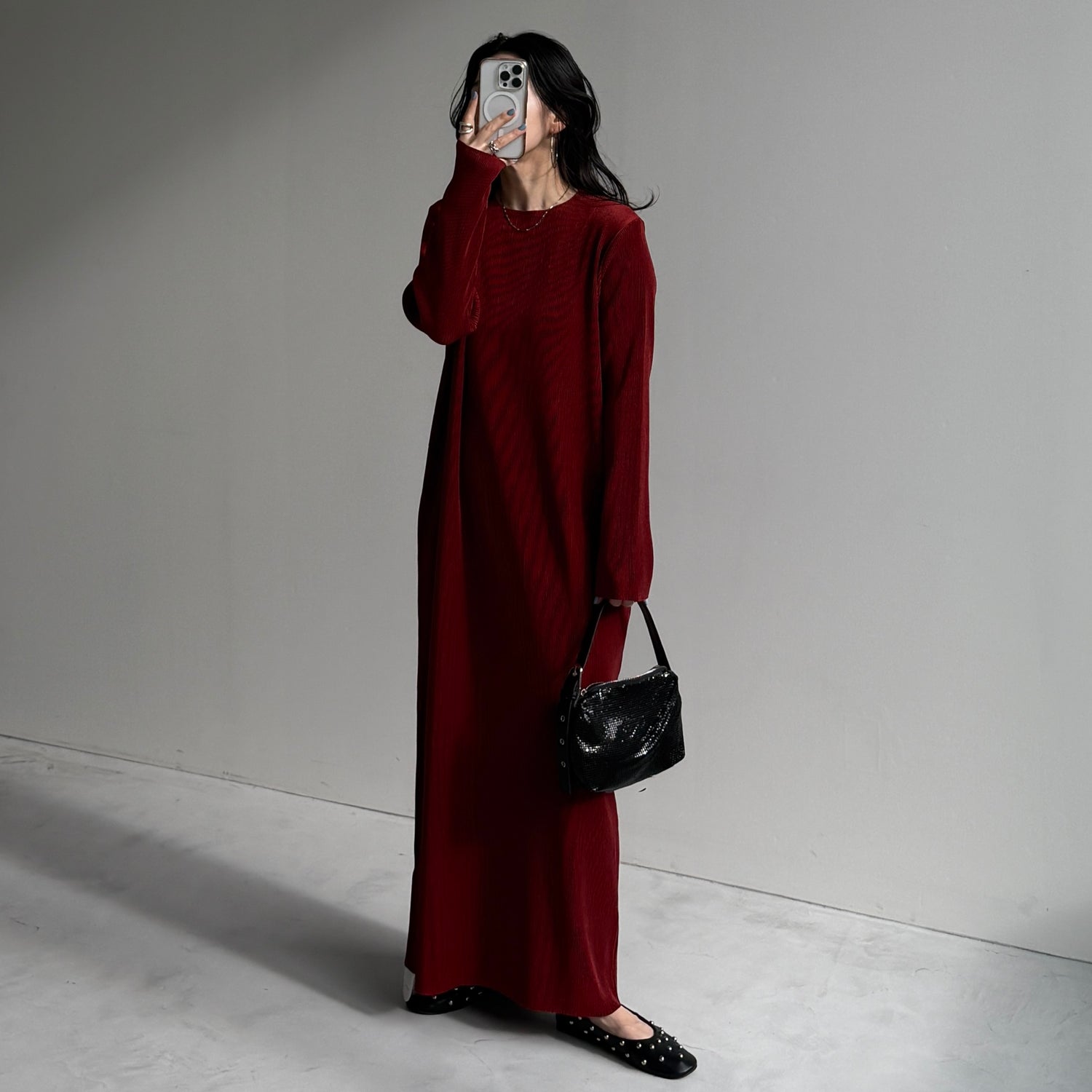 daily daily super stretch crew neck pleats one piece / bordeaux [FREE or LONG]クルーネック
