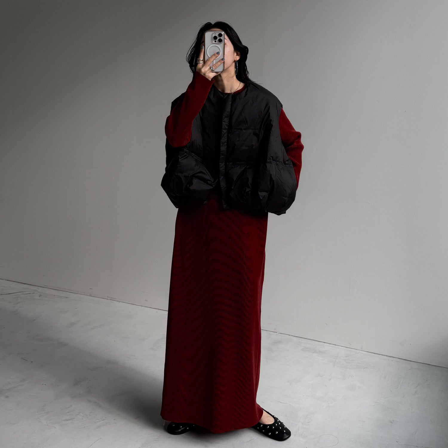 daily daily super stretch crew neck pleats one piece / bordeaux [FREE or LONG]クルーネック