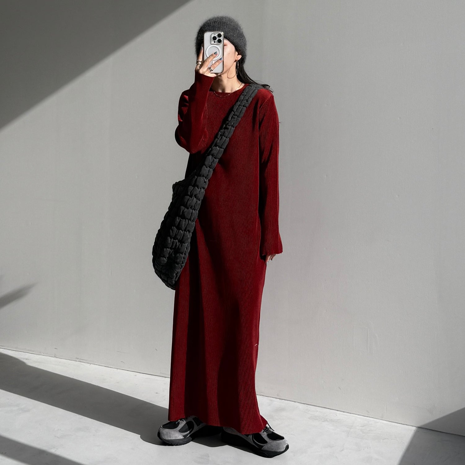 daily daily super stretch crew neck pleats one piece / bordeaux [FREE or LONG]クルーネック