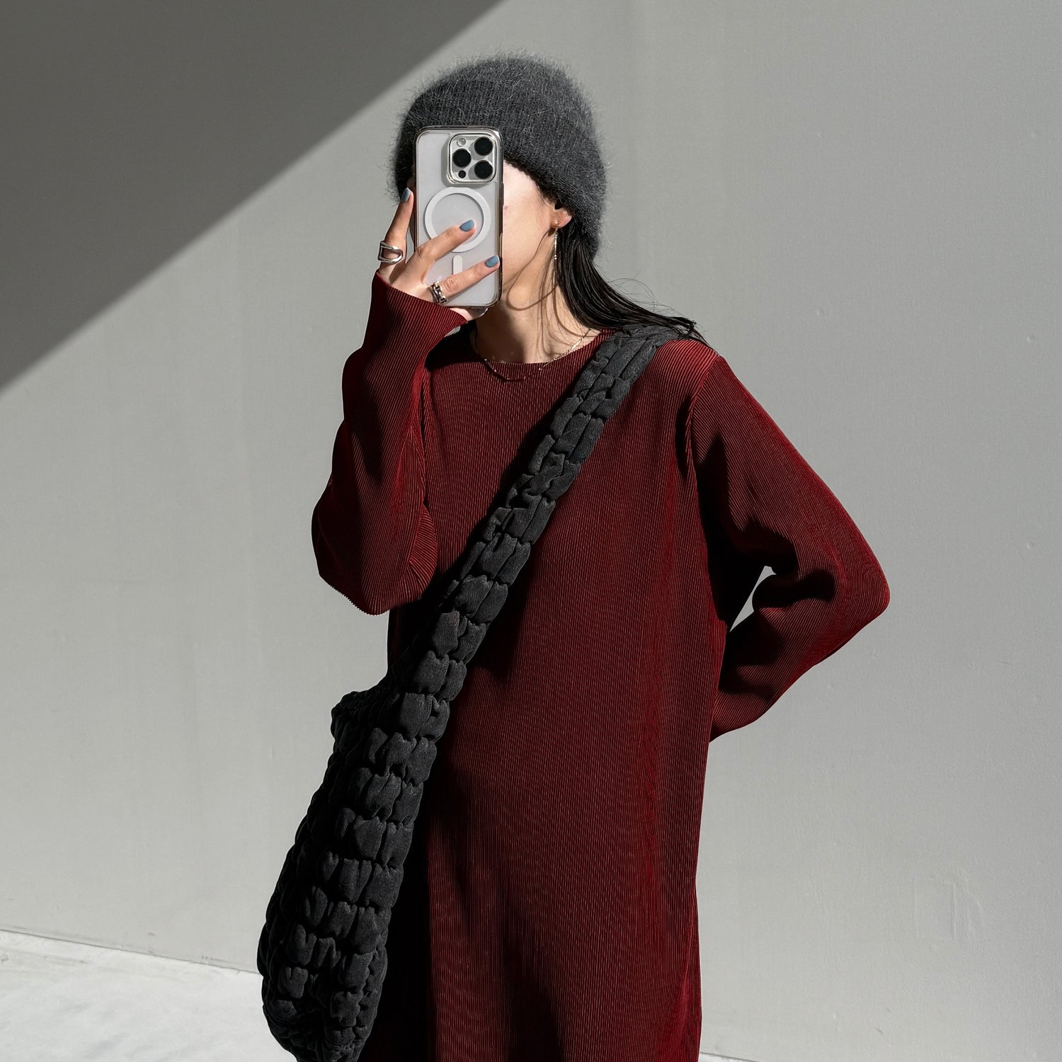 daily daily super stretch crew neck pleats one piece / bordeaux [FREE or LONG]クルーネック