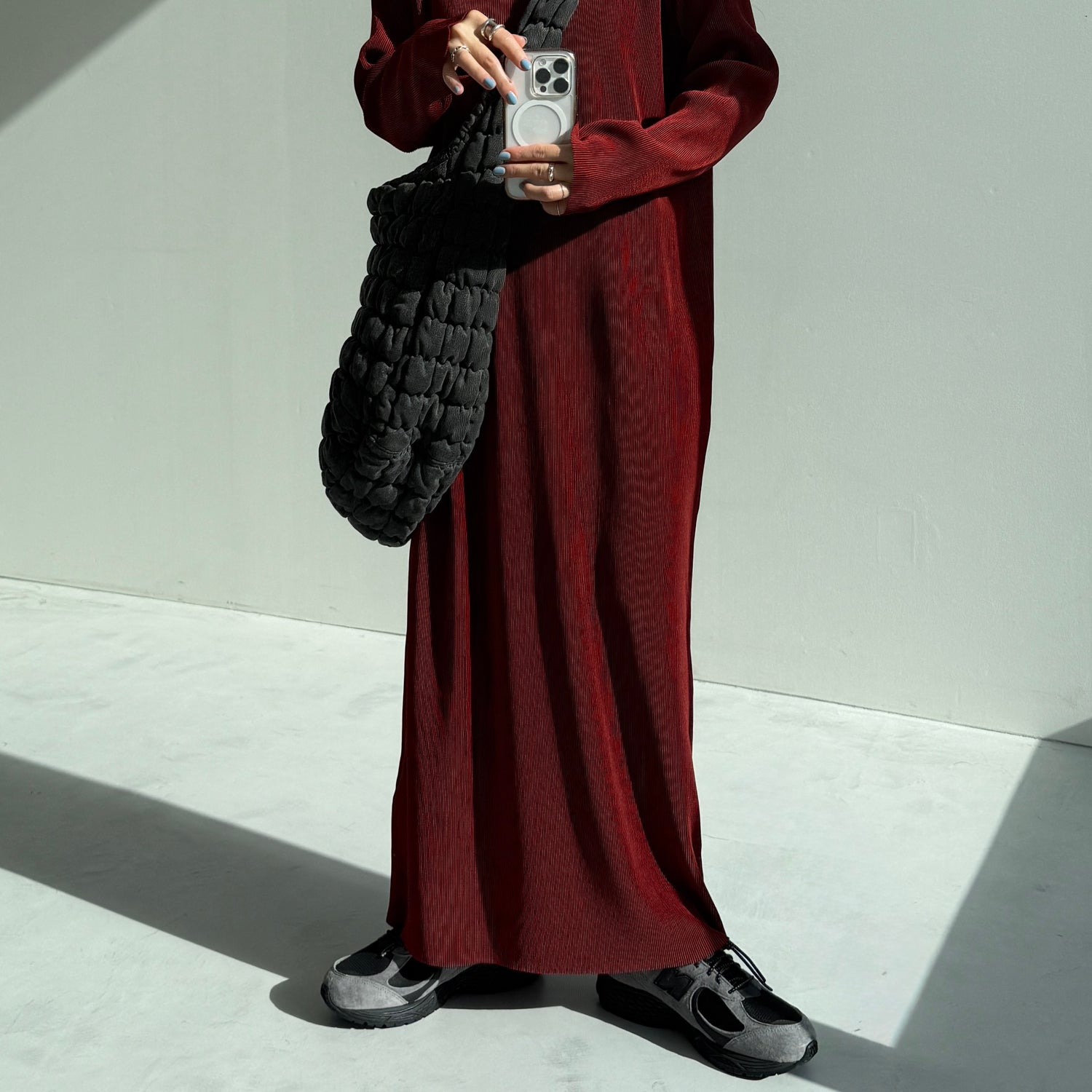 daily daily super stretch crew neck pleats one piece / bordeaux [FREE or LONG]クルーネック