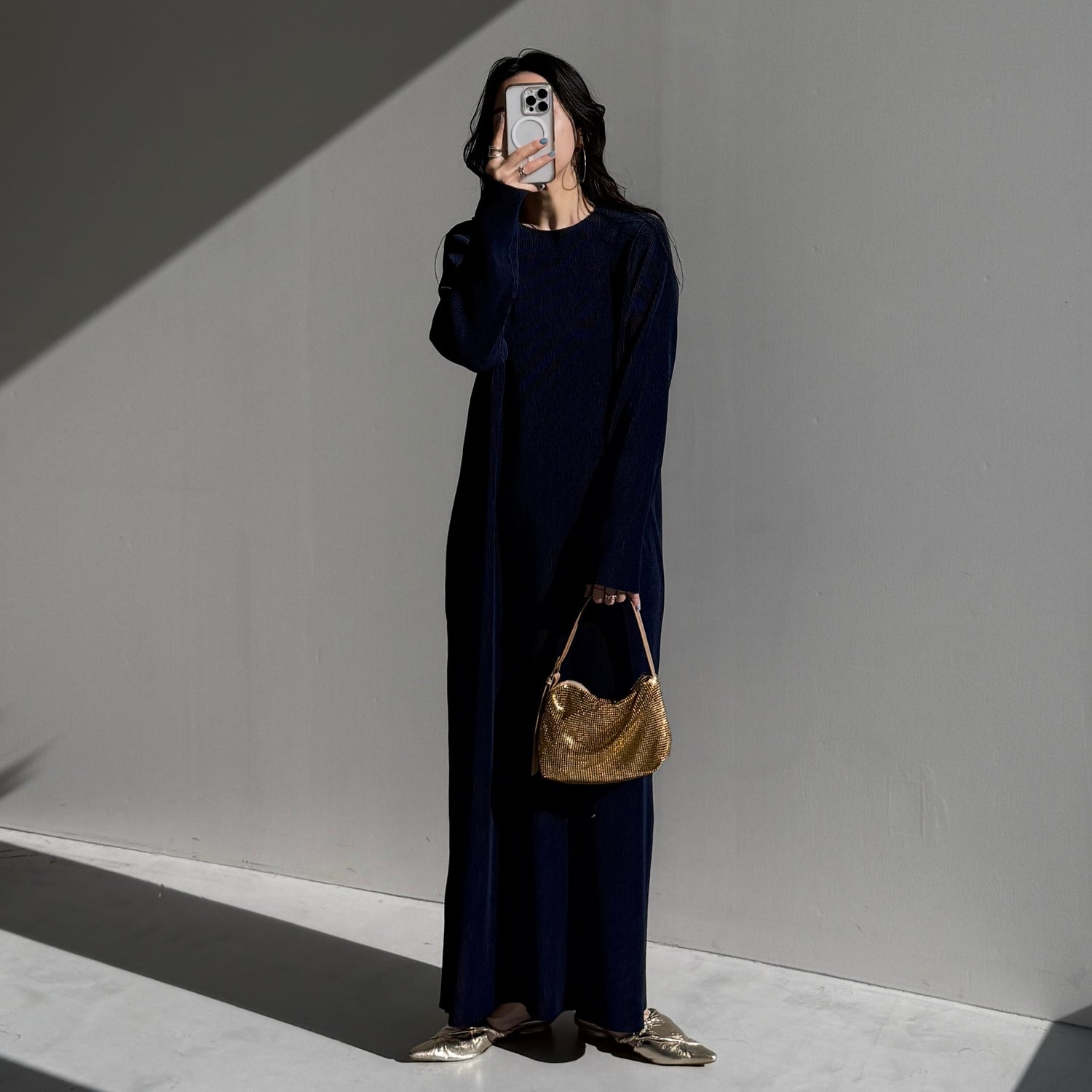 daily daily super stretch crew neck pleats one piece / navy [FREE or LONG]クルーネック