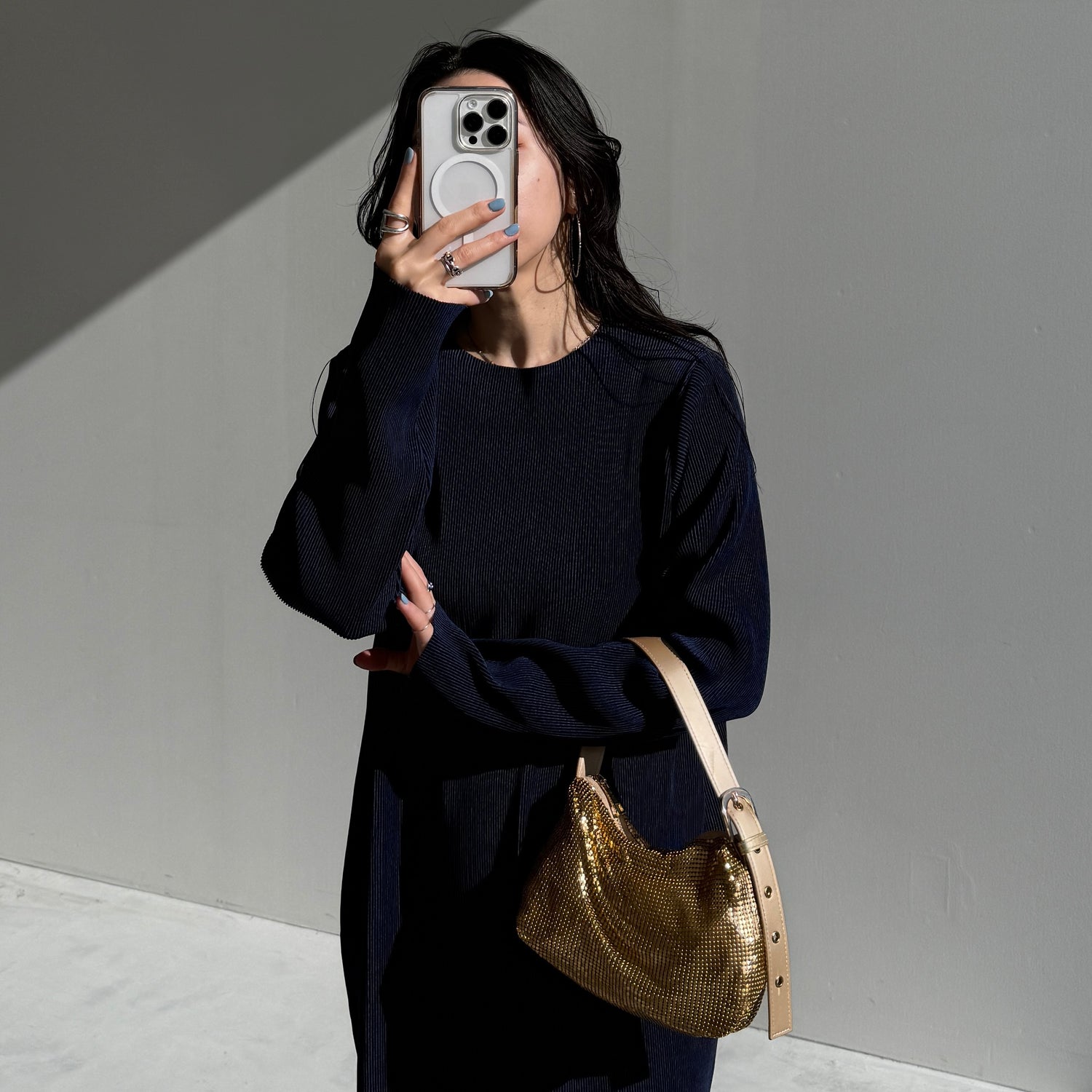 daily daily super stretch crew neck pleats one piece / navy [FREE or LONG]クルーネック