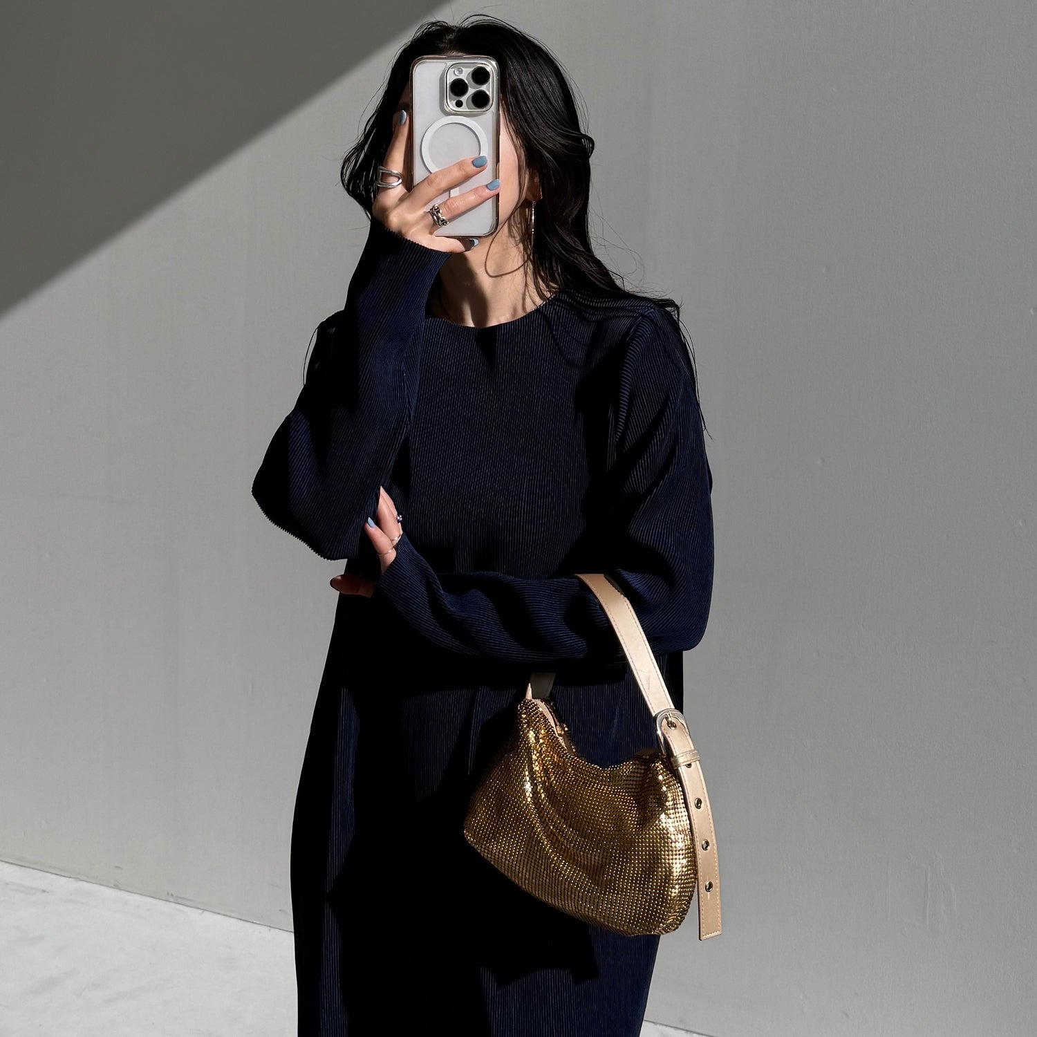 daily daily super stretch crew neck pleats one piece / navy [FREE or LONG]クルーネック