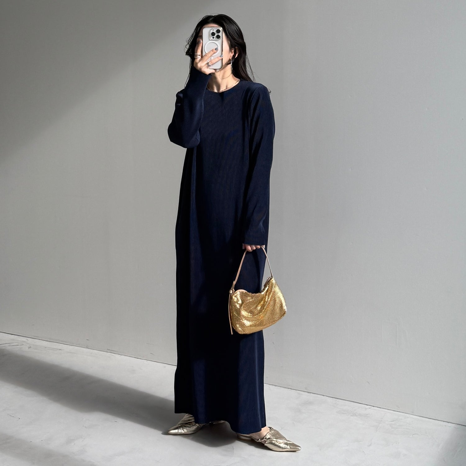 daily daily super stretch crew neck pleats one piece / navy [FREE or LONG]クルーネック