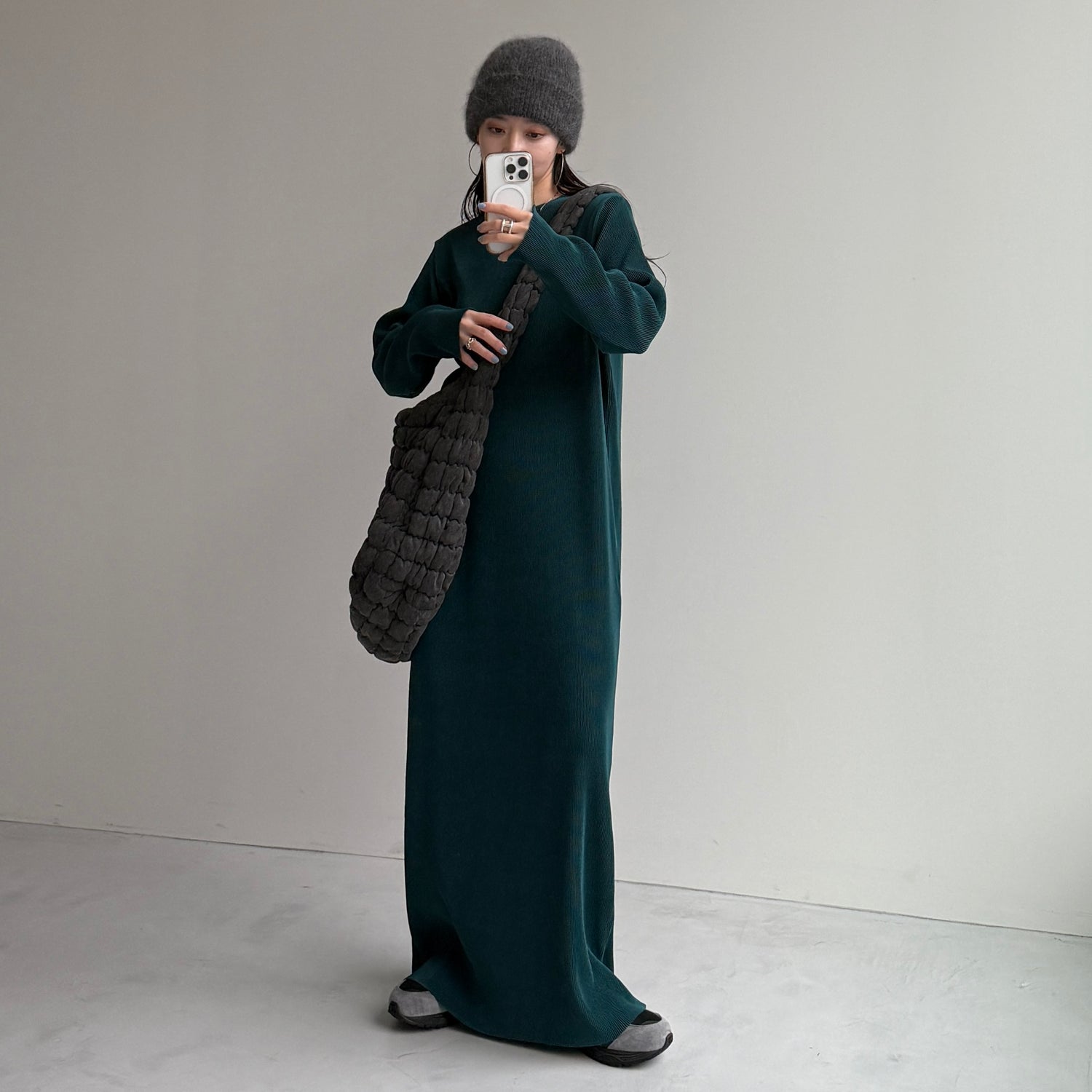 daily daily super stretch crew neck pleats one piece / dark green [FREE or LONG]クルーネック