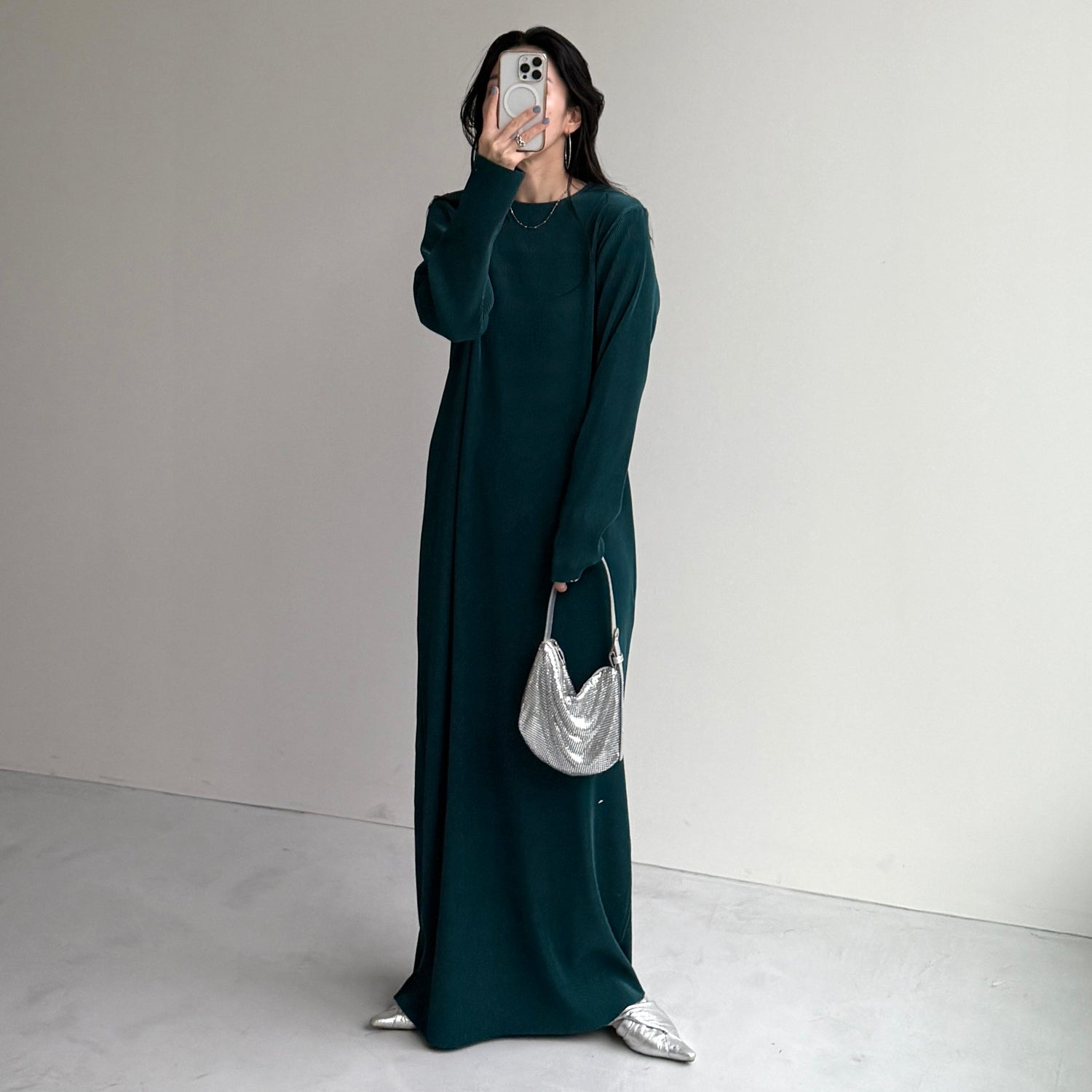 daily daily super stretch crew neck pleats one piece / dark green [FREE or LONG]クルーネック