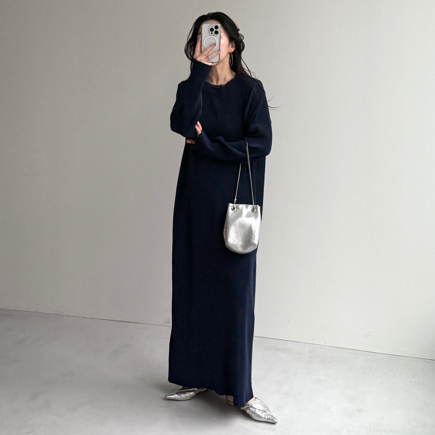 daily daily super stretch crew neck pleats one piece / navy [FREE or LONG]クルーネック