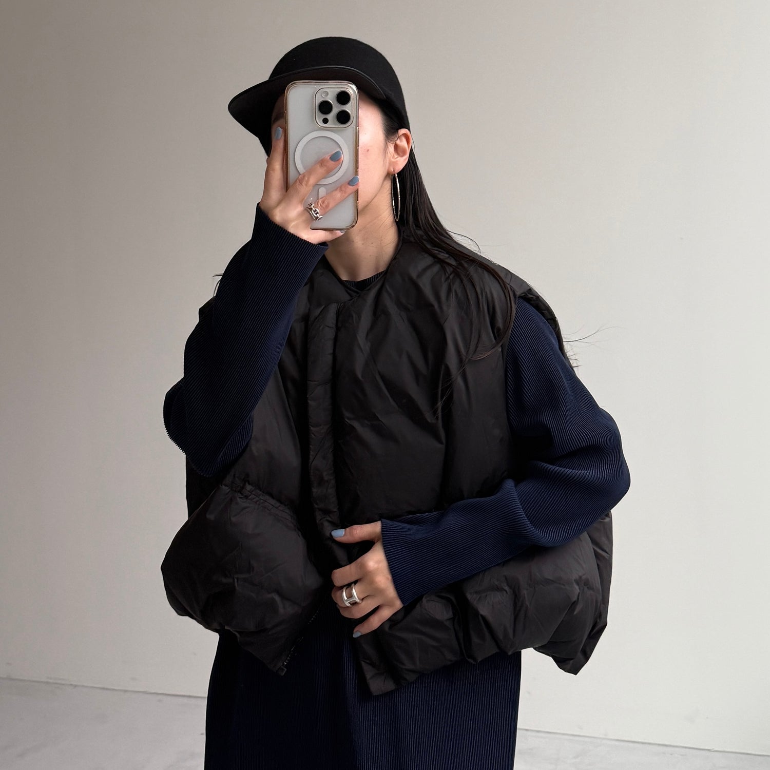 daily daily super stretch crew neck pleats one piece / navy [FREE or LONG]クルーネック