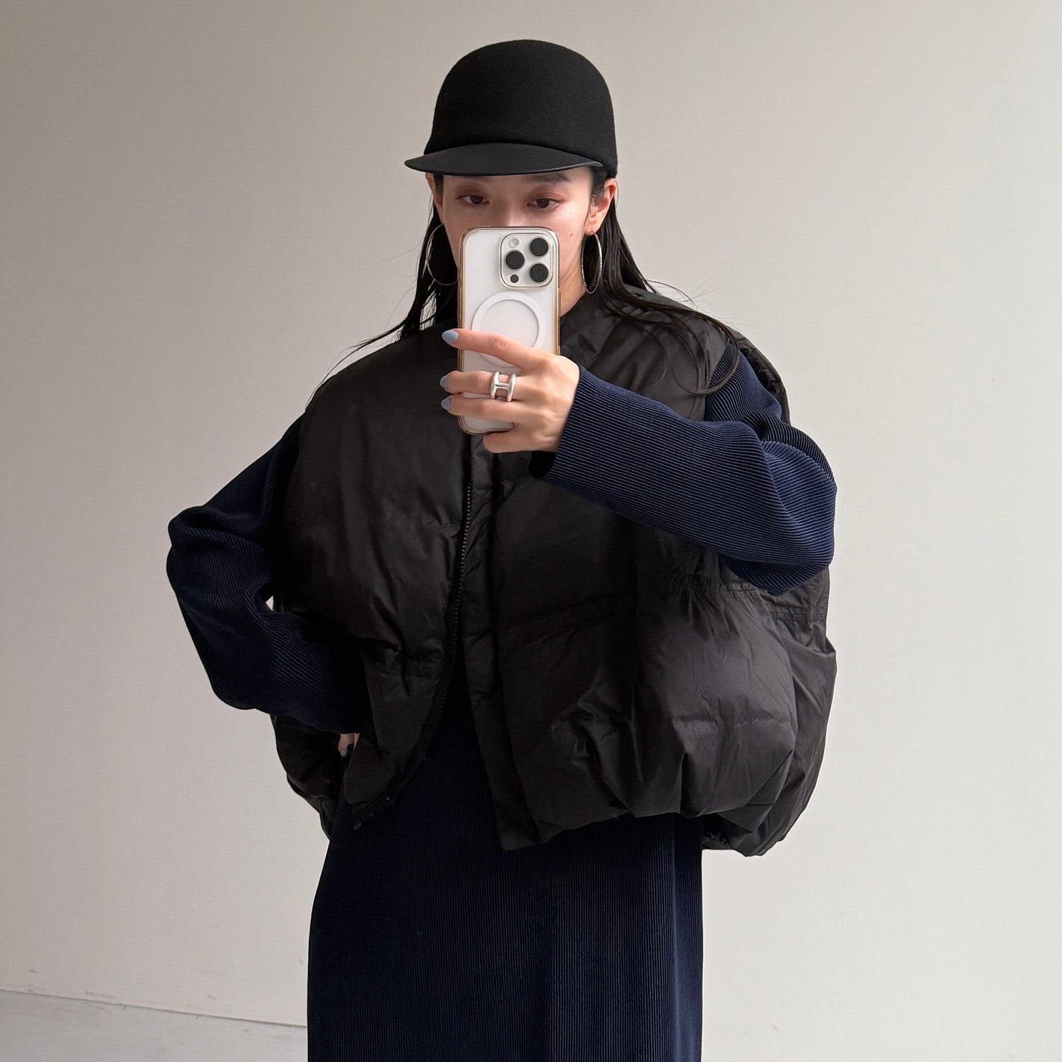 daily daily super stretch crew neck pleats one piece / navy [FREE or LONG]クルーネック