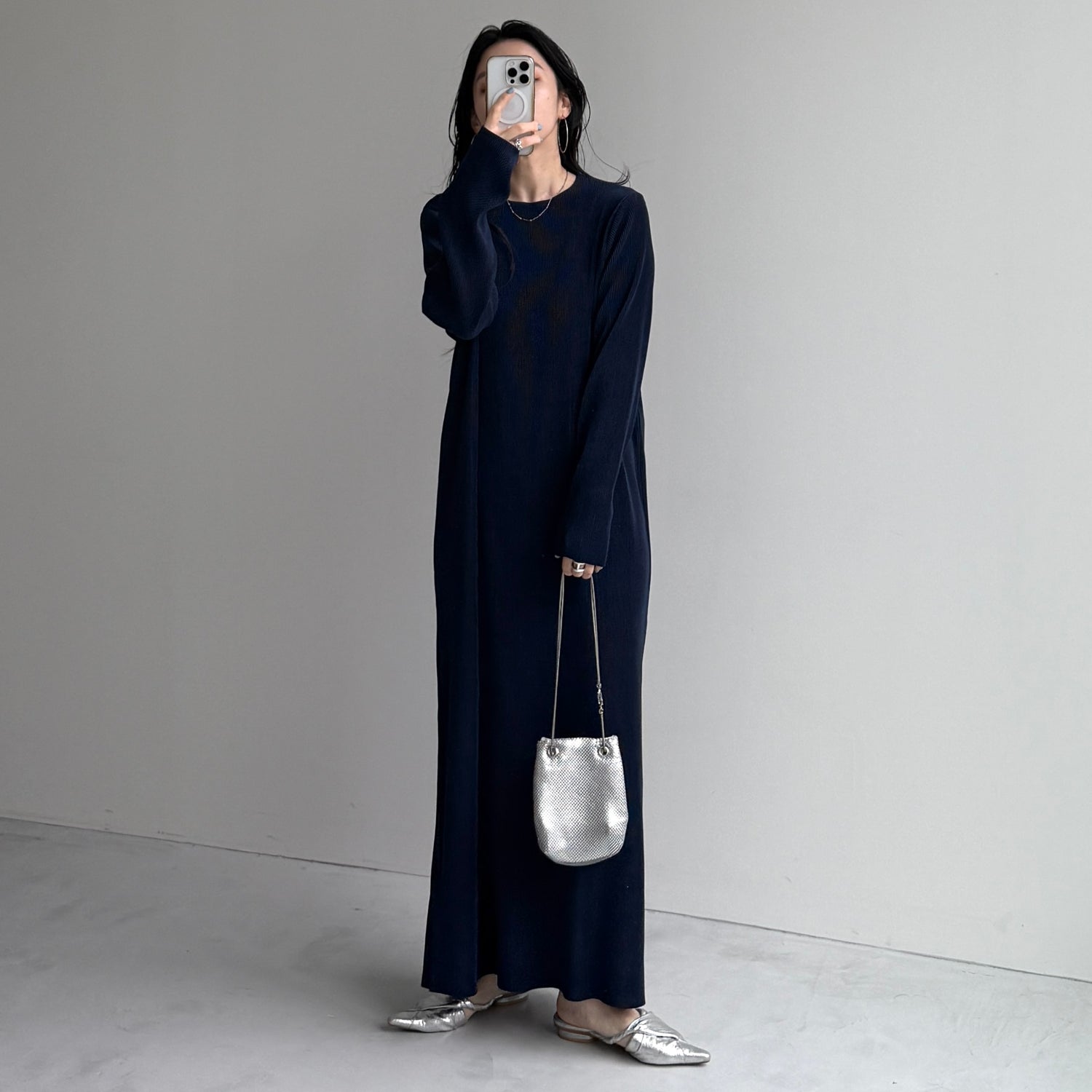 daily daily super stretch crew neck pleats one piece / navy [FREE or LONG]クルーネック