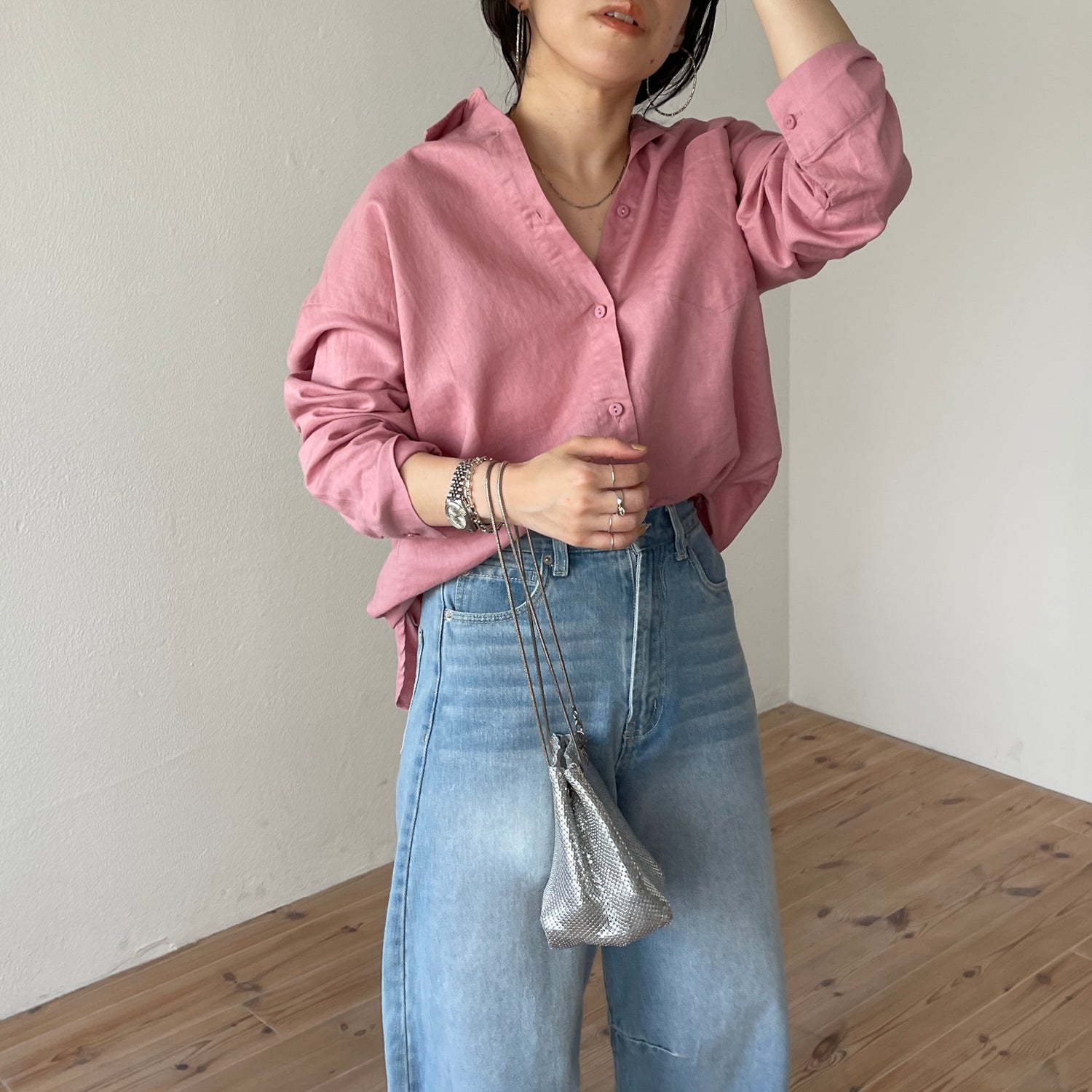 over size linen shirt / pink