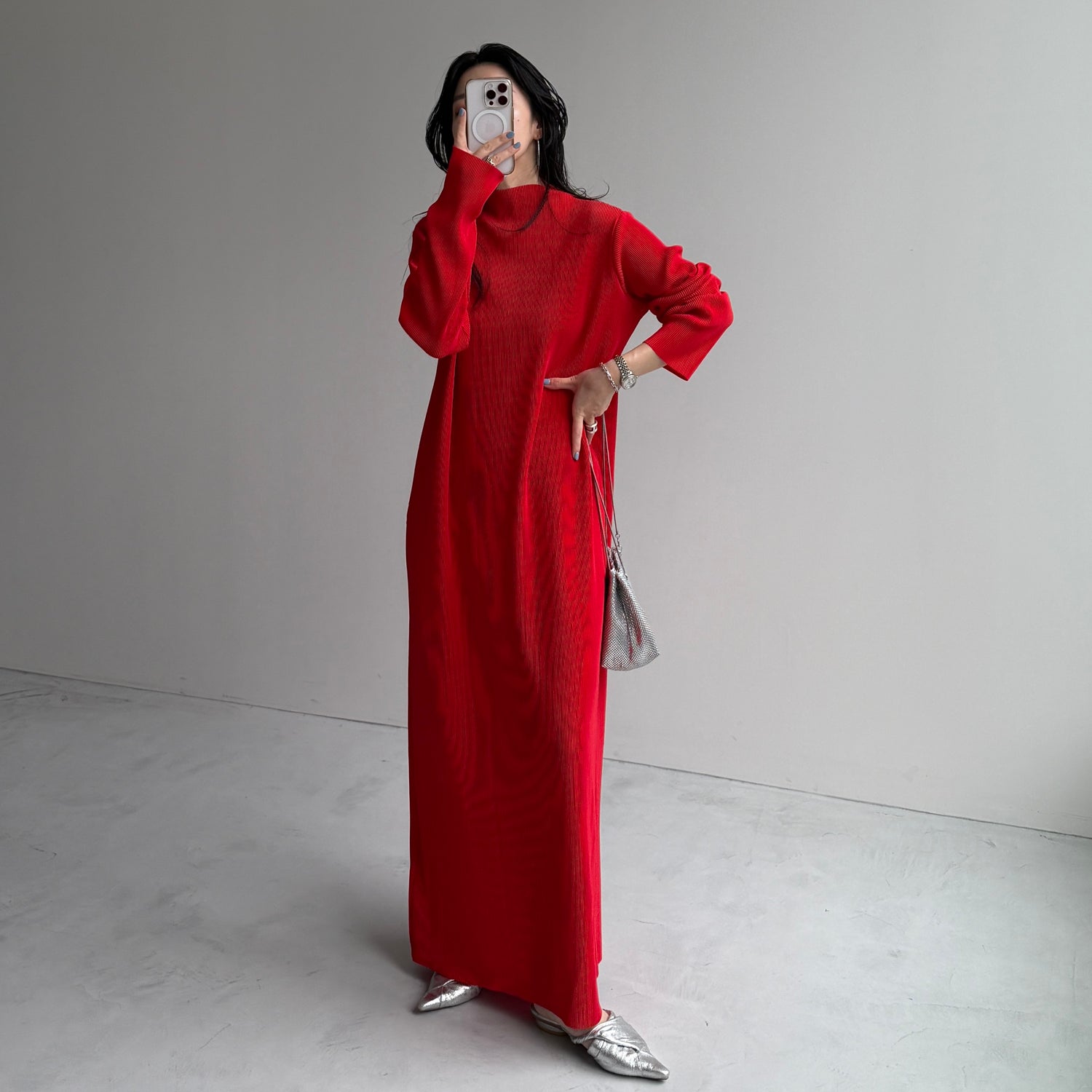 daily daily super stretch pleats one piece / cherry red [FREE or LONG]プチハイ