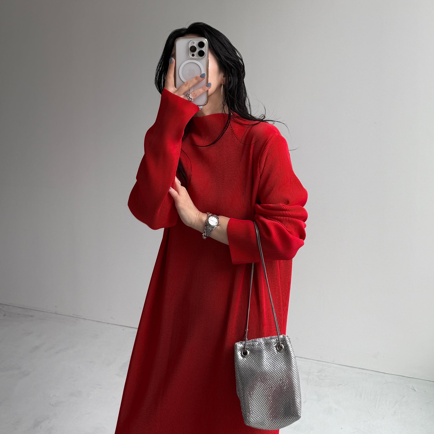 daily daily super stretch pleats one piece / cherry red [FREE or LONG]プチハイ