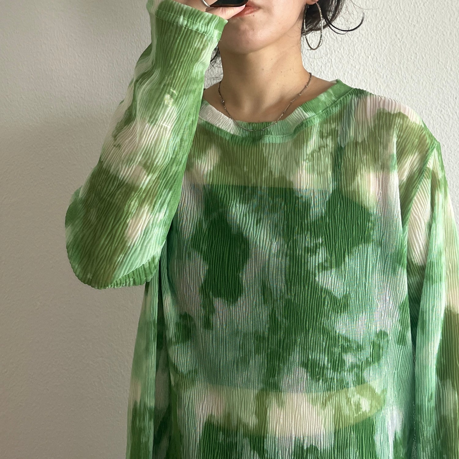 shirring tie dye sheer tops / green