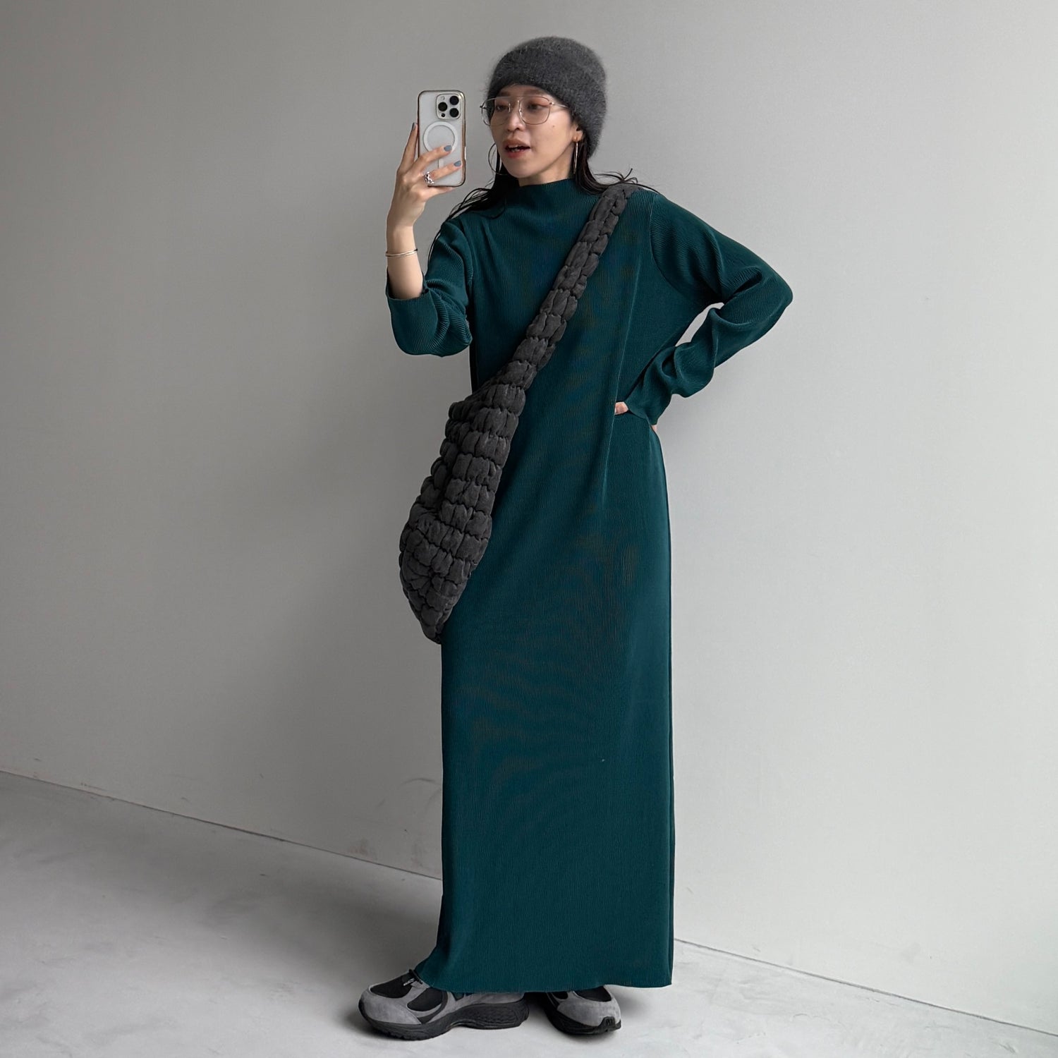 daily daily super stretch pleats one piece / dark green [FREE or LONG]プチハイ