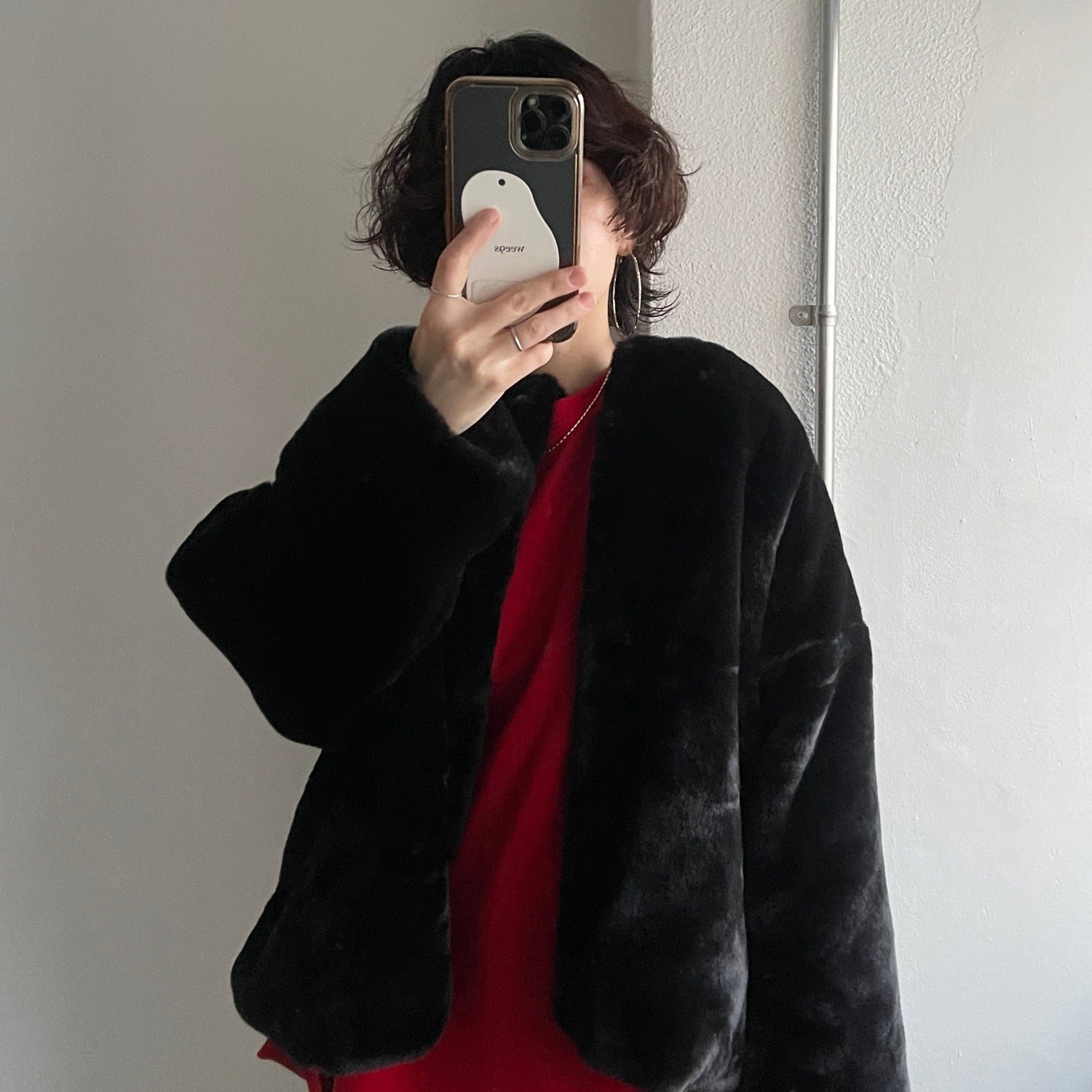 【SAMPLE】over size no collar fur coat / black