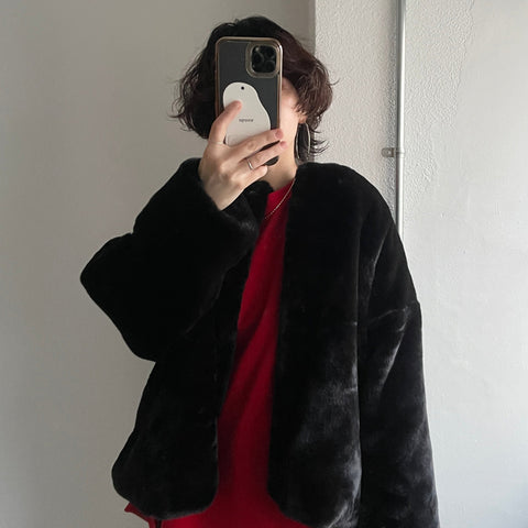 【SAMPLE】over size no collar fur coat / black