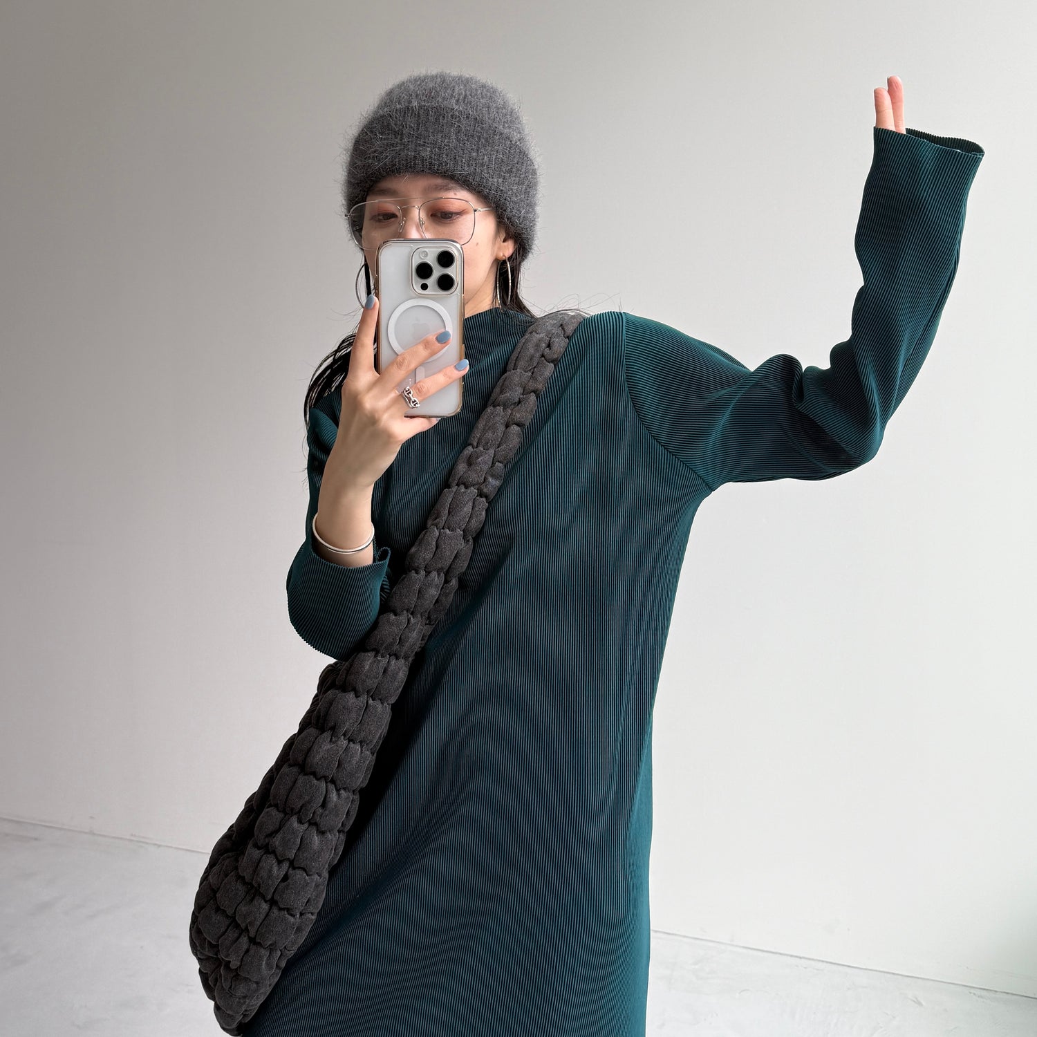 daily daily super stretch pleats one piece / dark green [FREE or LONG]プチハイ