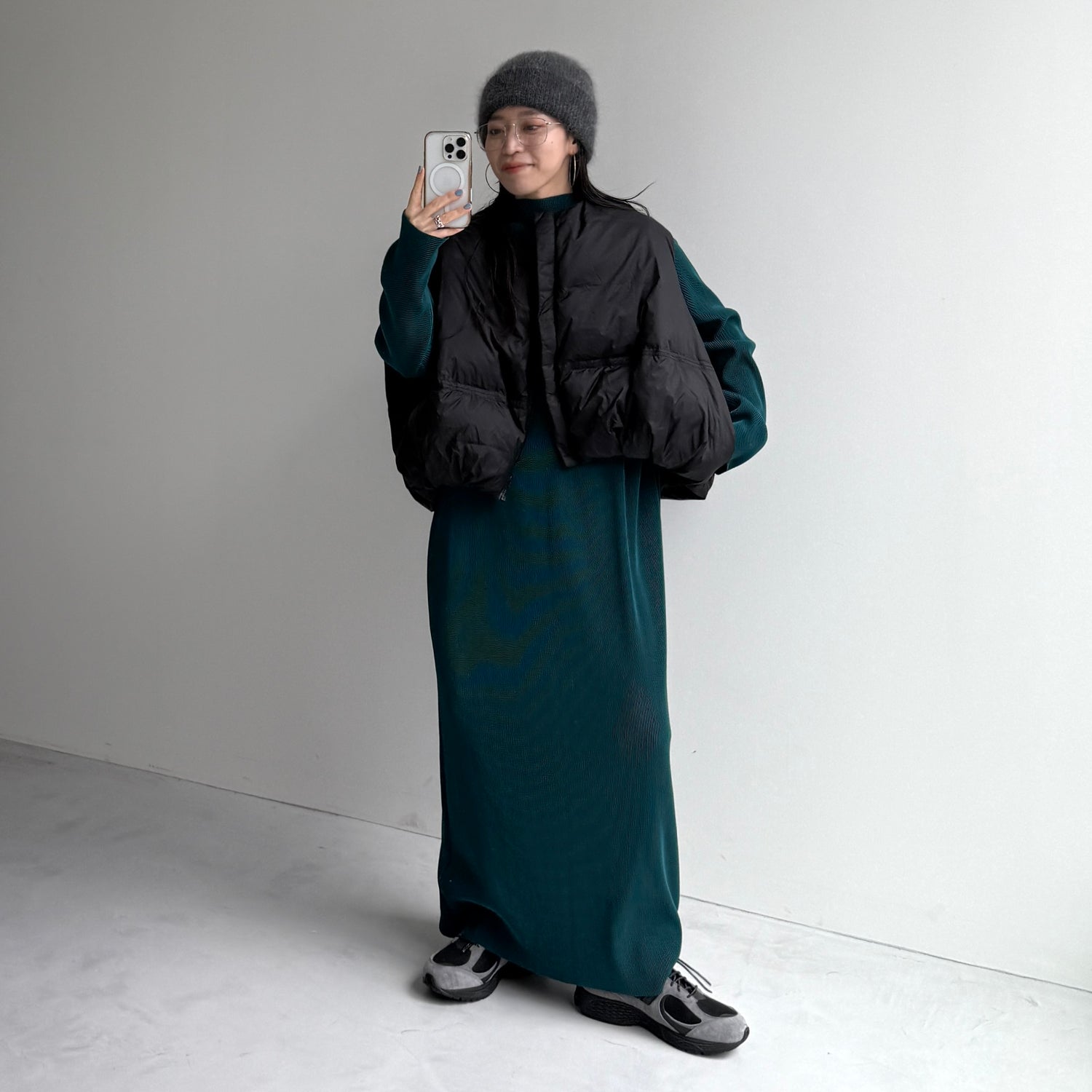 daily daily super stretch pleats one piece / dark green [FREE or LONG]プチハイ