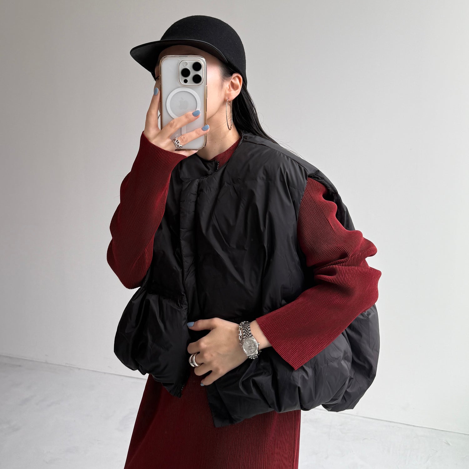 daily daily super stretch crew neck pleats one piece / bordeaux [FREE or LONG]クルーネック