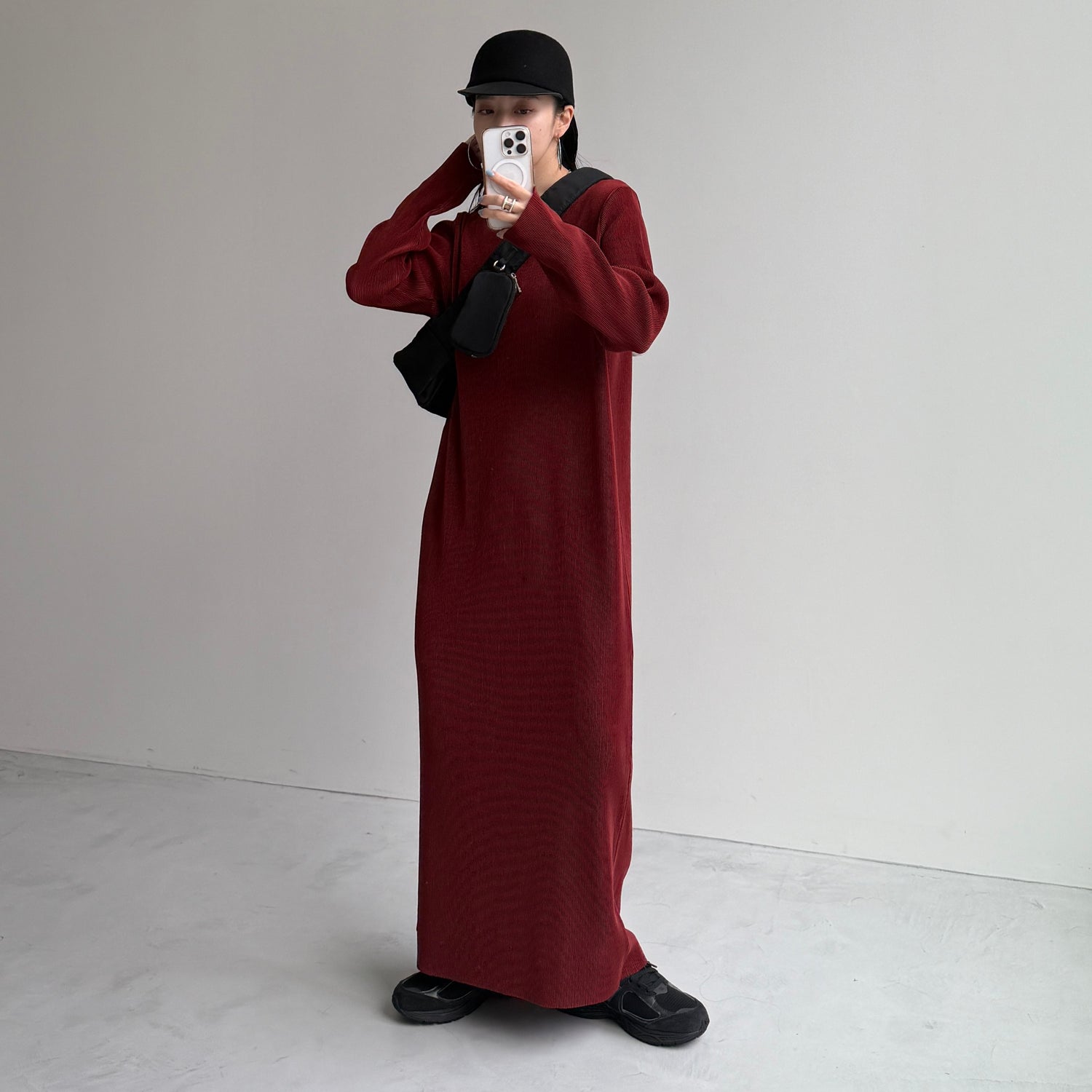 daily daily super stretch crew neck pleats one piece / bordeaux [FREE or LONG]クルーネック
