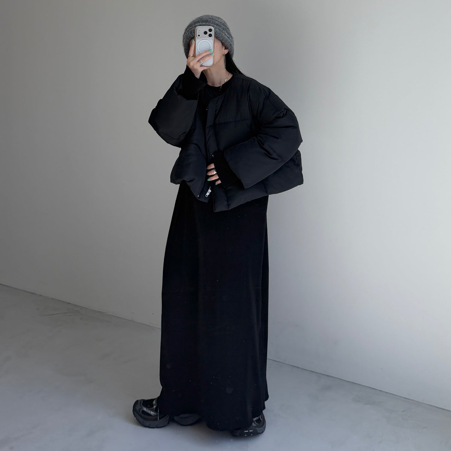 【クルーネック】daily daily super stretch crew neck pleats one piece / black [FREE or LONG]