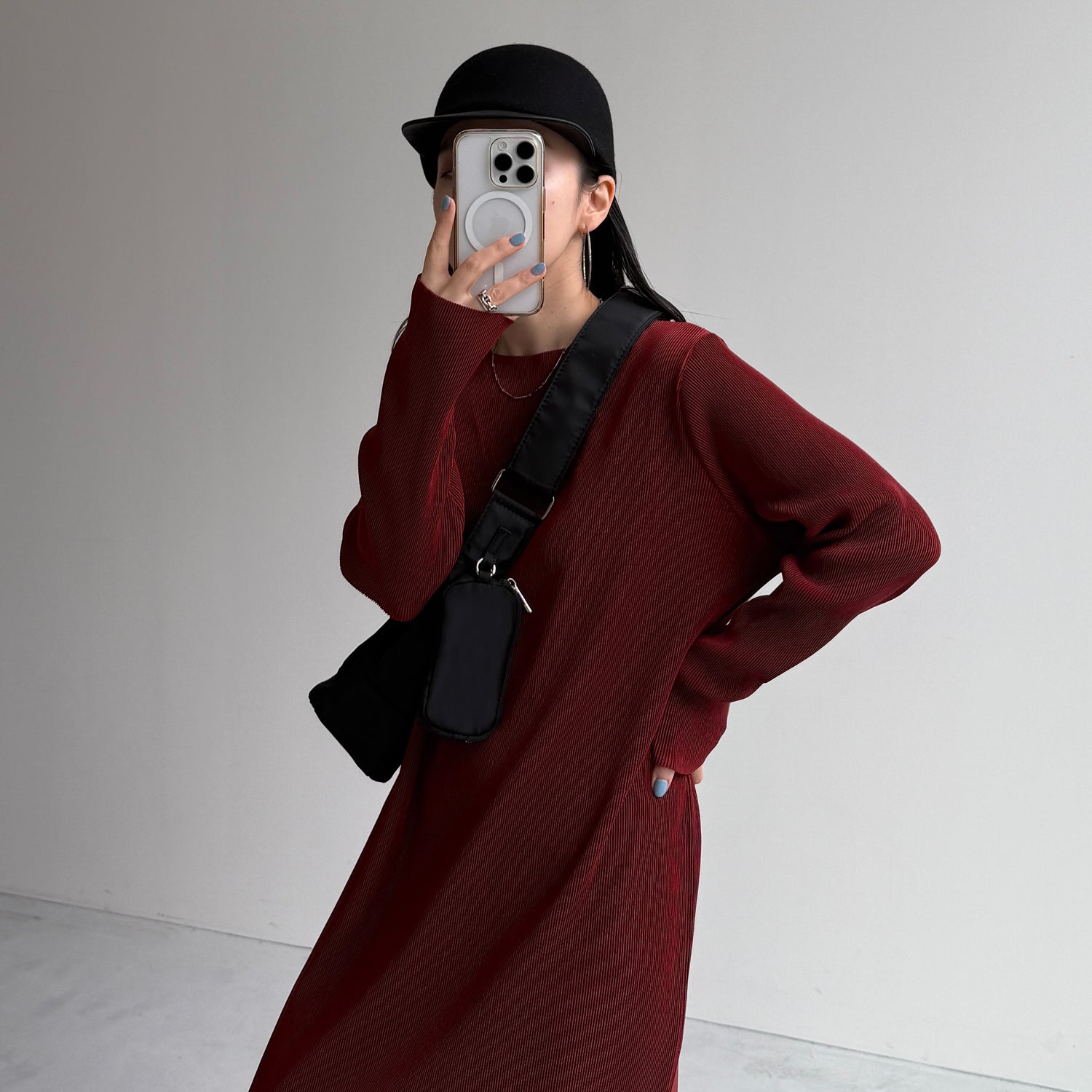daily daily super stretch crew neck pleats one piece / bordeaux [FREE or LONG]クルーネック