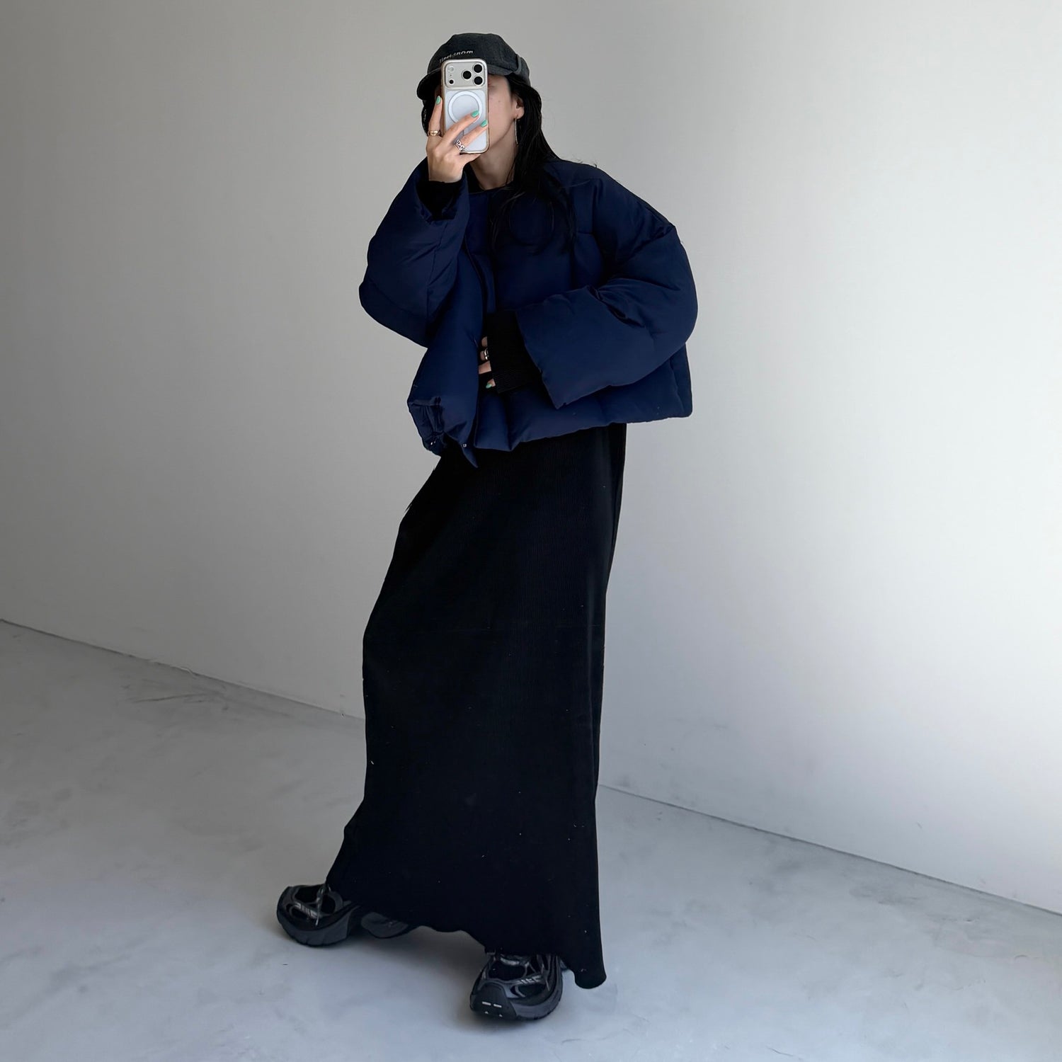 【クルーネック】daily daily super stretch crew neck pleats one piece / black [FREE or LONG]