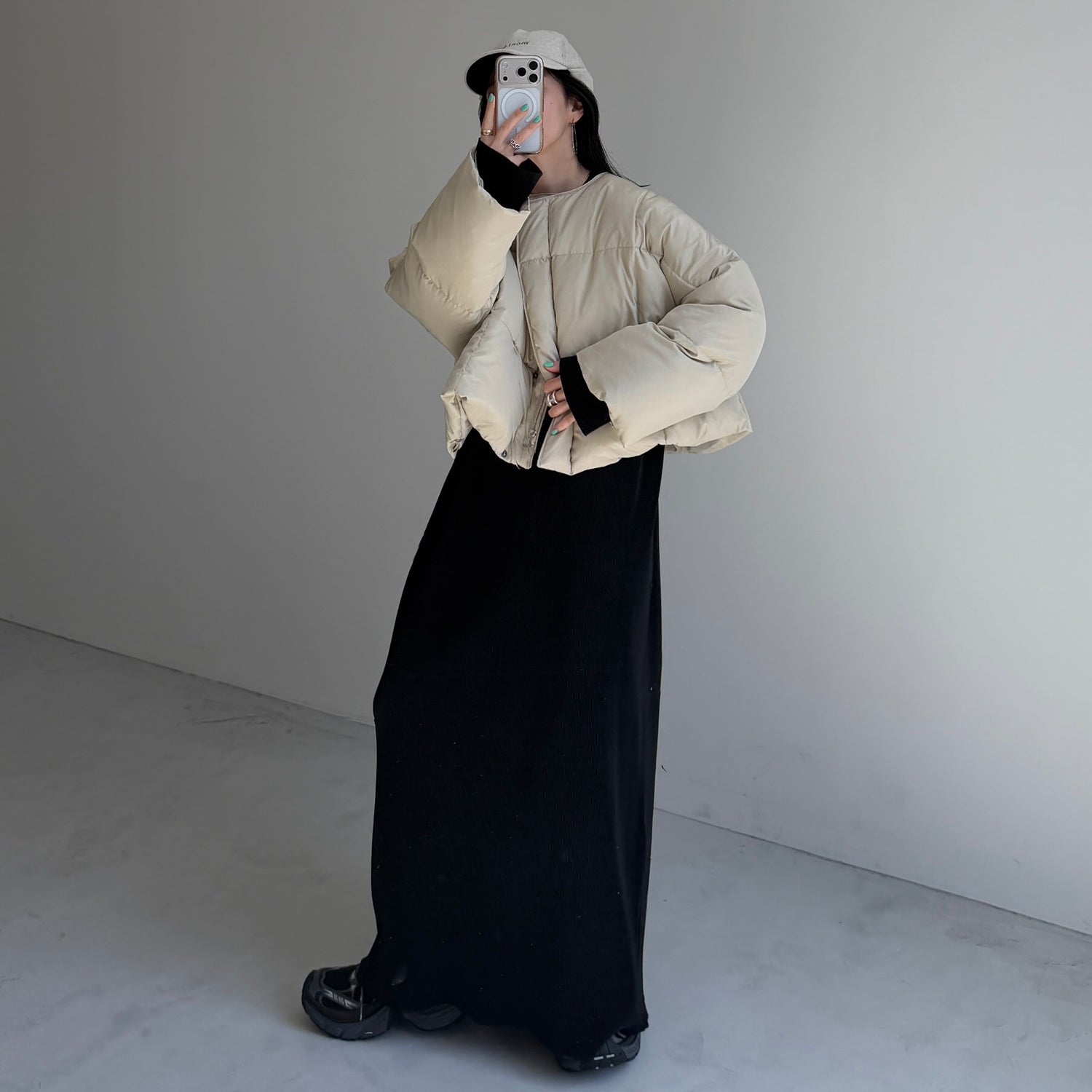 【クルーネック】daily daily super stretch crew neck pleats one piece / black [FREE or LONG]