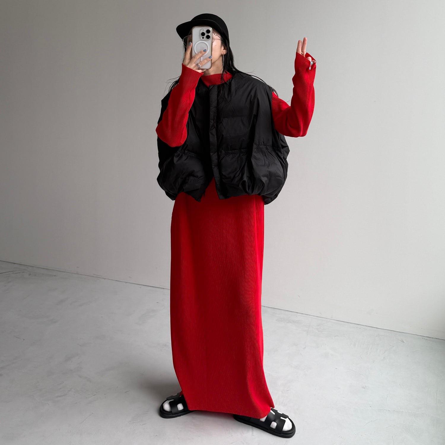 daily daily super stretch pleats one piece / cherry red [FREE or LONG]プチハイ