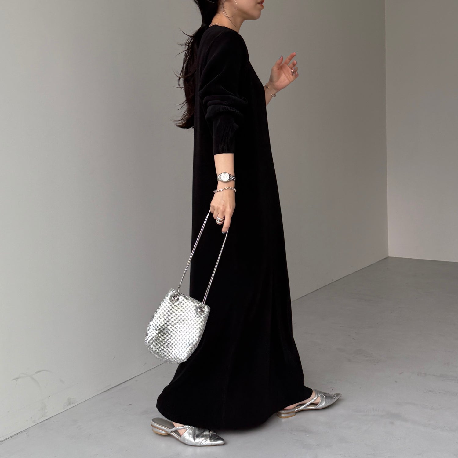 daily daily super stretch crew neck pleats one piece / black [FREE or LONG]クルーネック