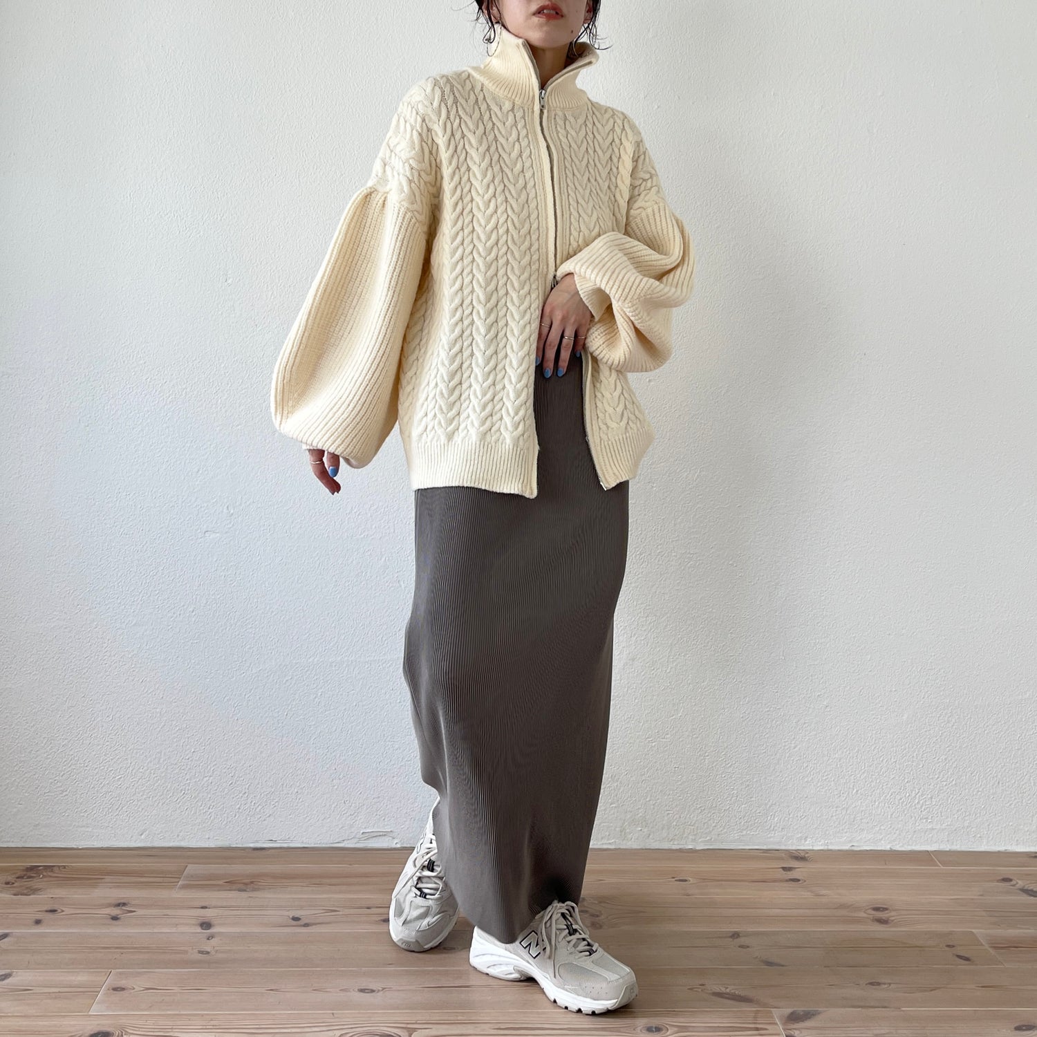 volume sleeve cable knit cardigan / ivory | wee9s | ウィークス 