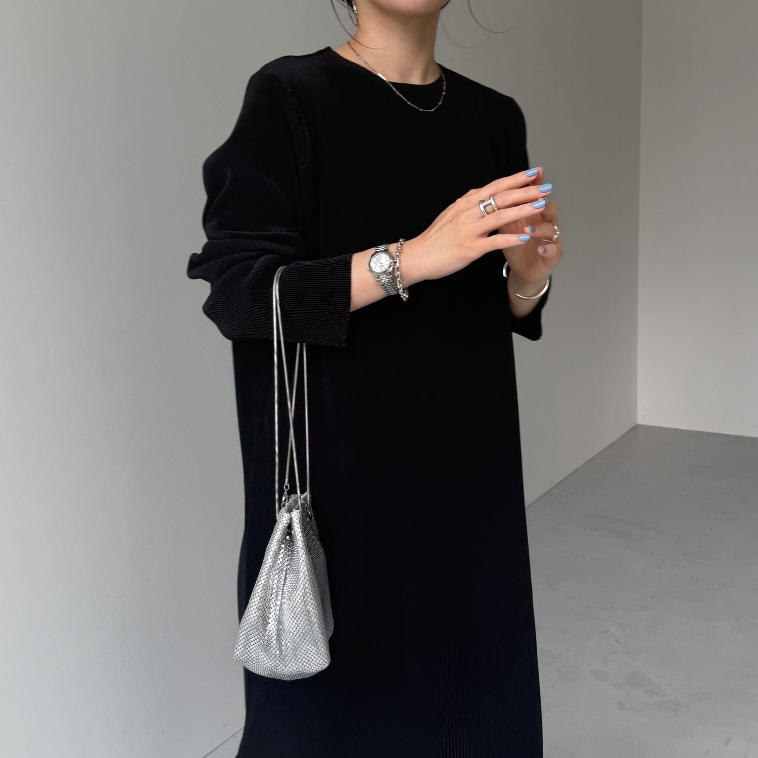 daily daily super stretch crew neck pleats one piece / black [FREE or LONG]クルーネック