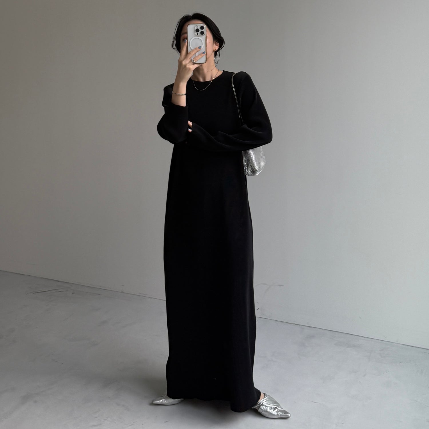 daily daily super stretch crew neck pleats one piece / black [FREE or LONG]クルーネック