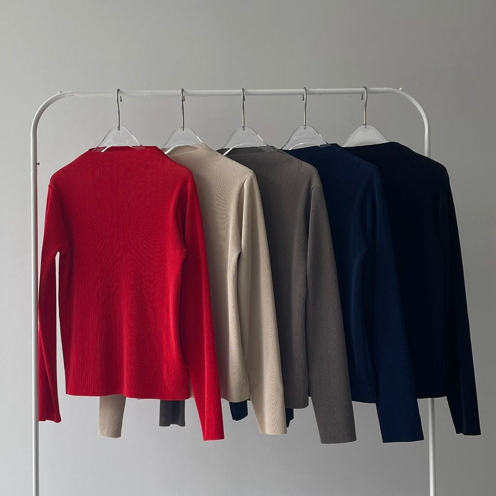 daily daily super stretch pleats tops / navy [プチハイ or クルーネック]