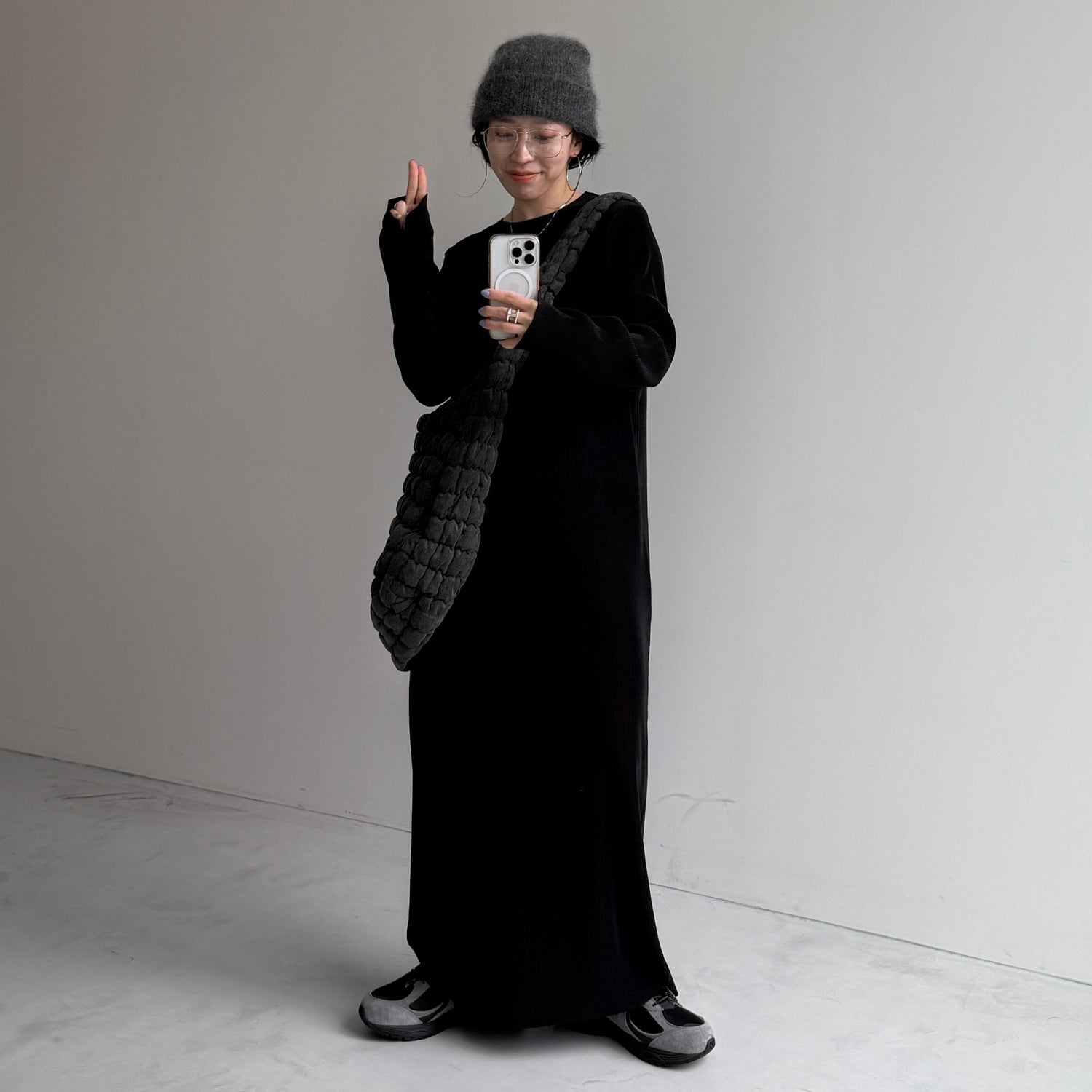 daily daily super stretch crew neck pleats one piece / black [FREE or LONG]クルーネック